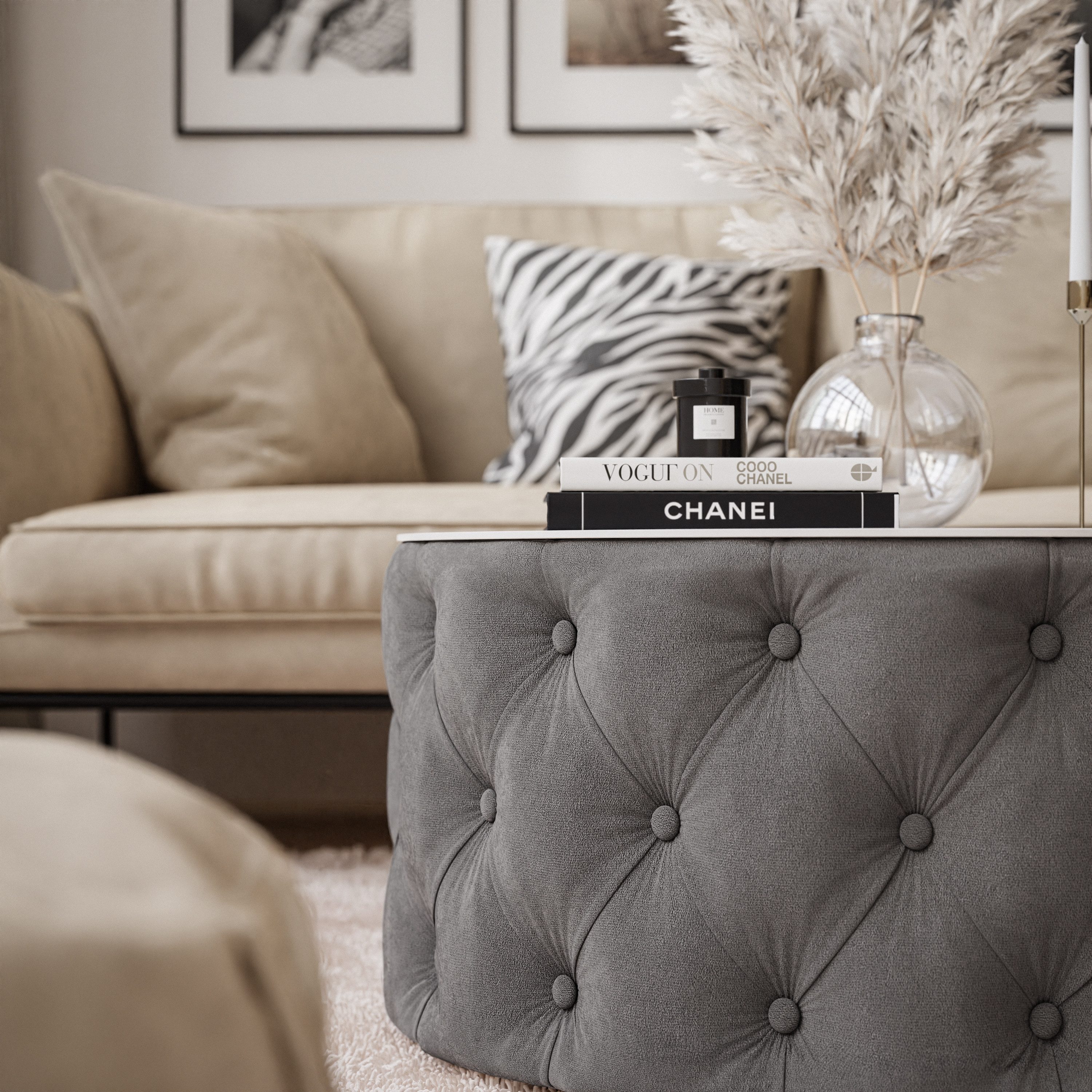 Lookway Couchtisch CHESTERFIELD 70 cm runder gepolsterter couchtisch