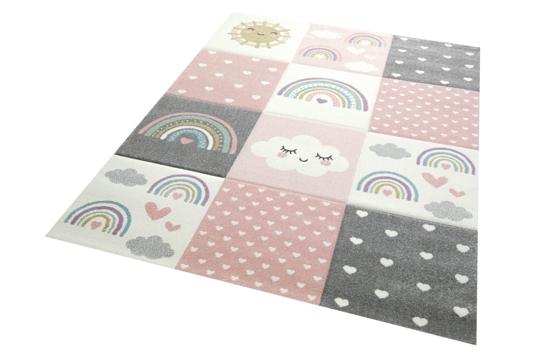 TeppichHome24 Kinderteppich Kinderteppich Punkte Herzchen Wolken rosa creme grau, rund, Höhe: 1.3 mm