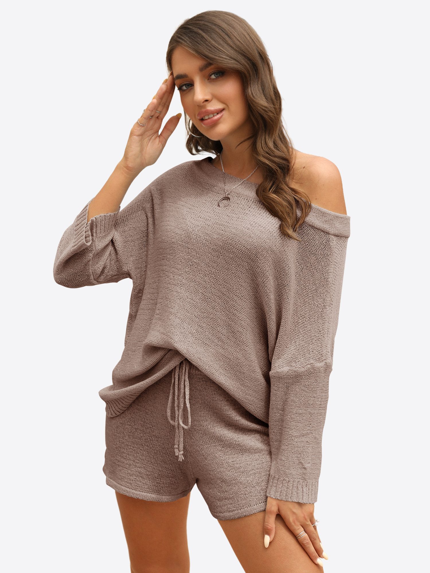 Imily Bela Hausanzug Damen Zweiteiliges Pyjama-Set (Set, 2 tlg., Schulterfreier Strickpullover + Kurze Hose) Einfarbig