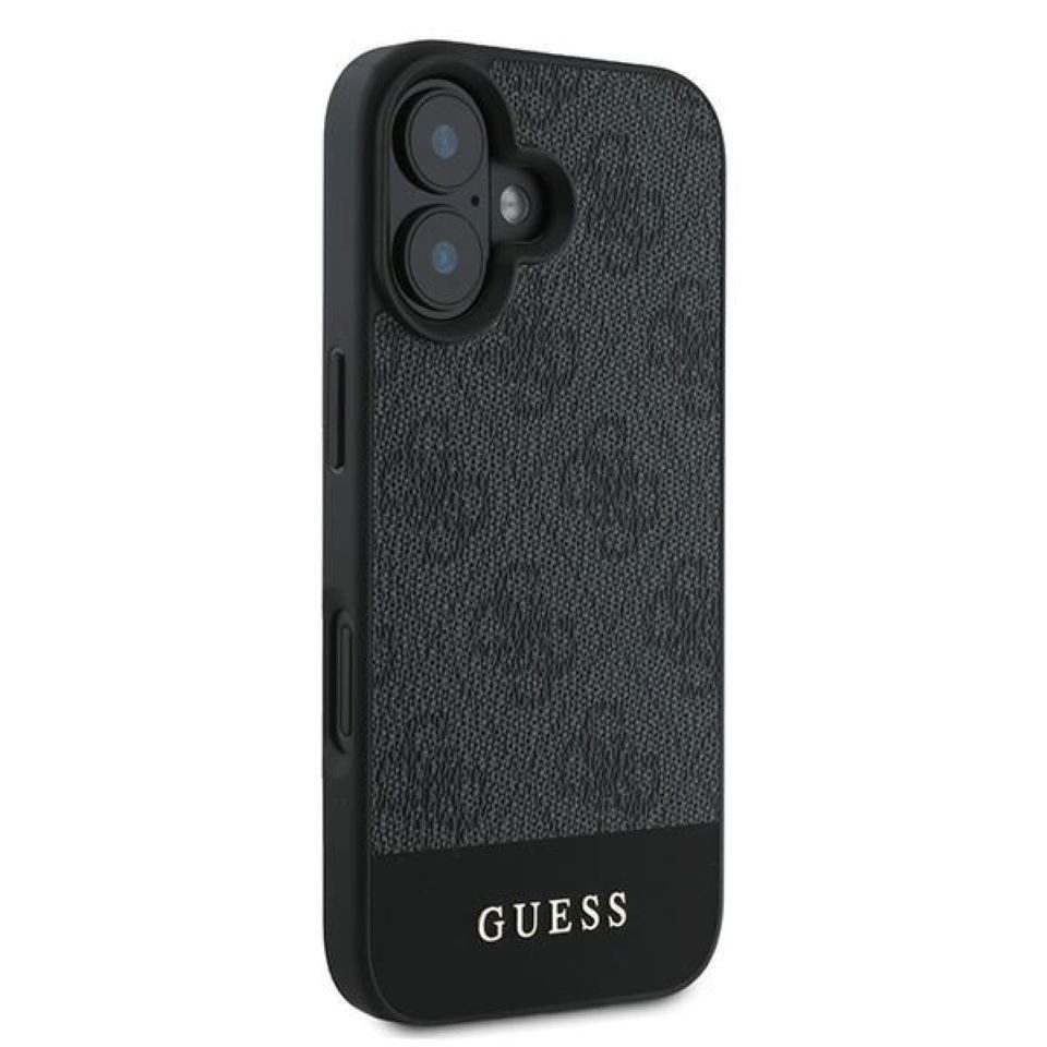 Guess Handyhülle iPhone 16 Kunstleder Muster grau Logo Schrift goldfarbig 6,1 Zoll, Kantenschutz – Bild 4 von 5
