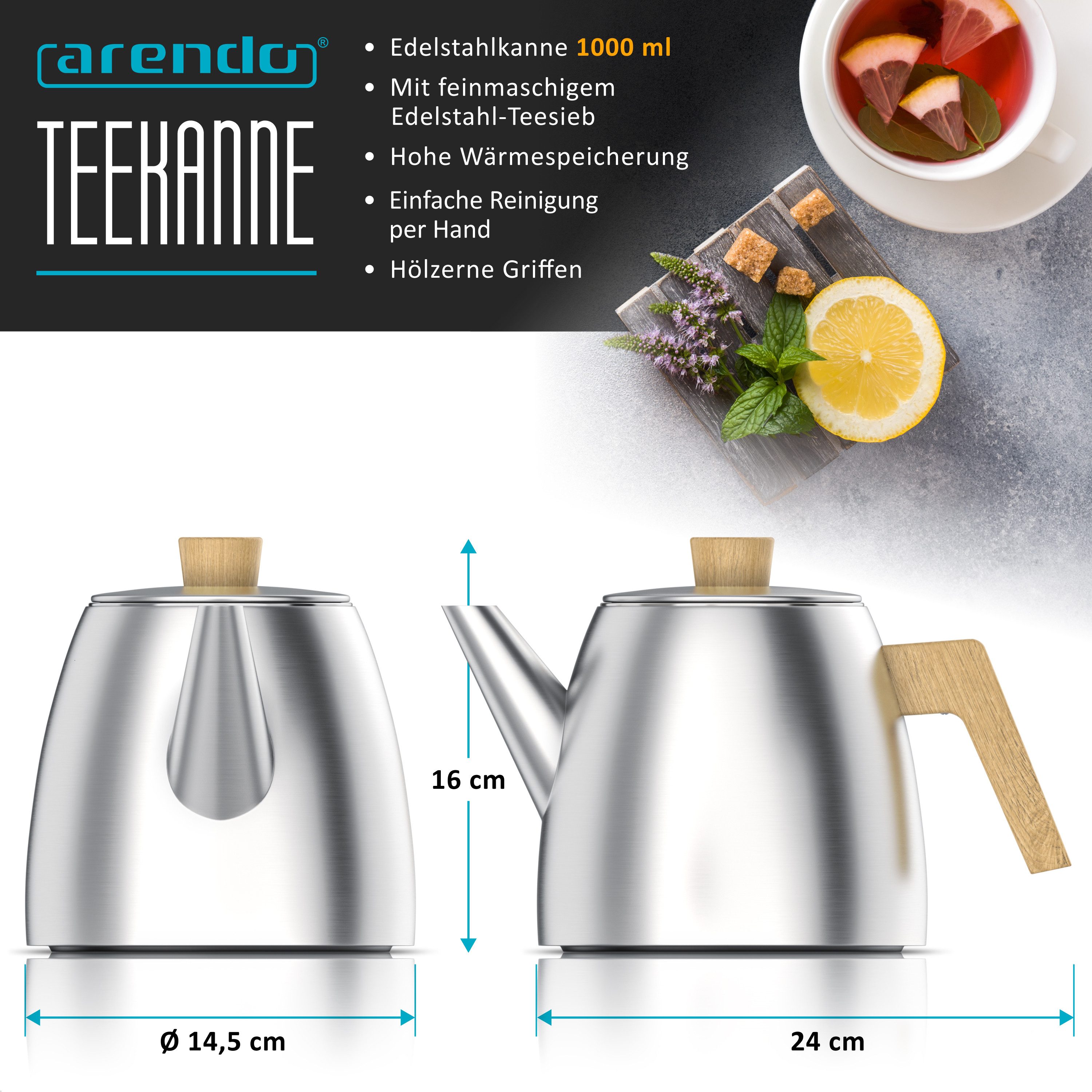 Arendo Teekanne Edelstahl, Siebeinsatz, 1000 ml, mit Griffen aus Holz, Isolierkanne, 1 l, (Set, 2-St), Doppelwandige Thermo Isolierung, Kanne mit Teesieb für losen Tee