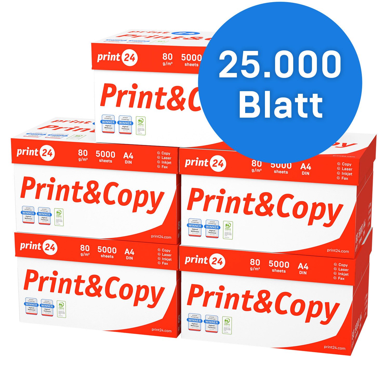 print24 Druckerpapier Kopierpapier 25000 Blatt A4 80g Premium Weiß PEFC zertifiziert