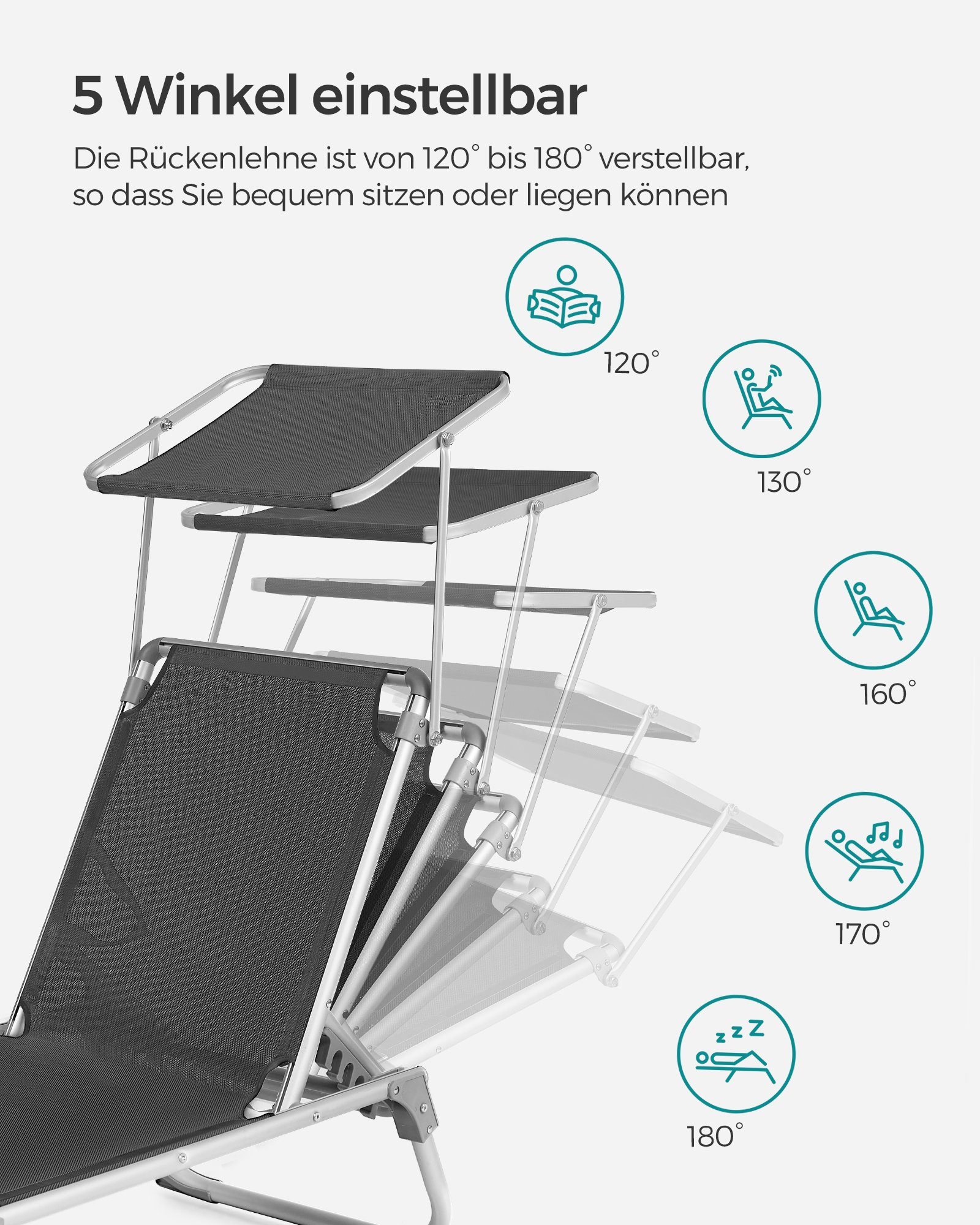 SONGMICS Gartenliege Sonnenliege, klappbarer Liegestuhl, 1 St., 193 x 55 x 31 cm verstellbar, mit Sonnenschutz, bis 150 kg belastbar