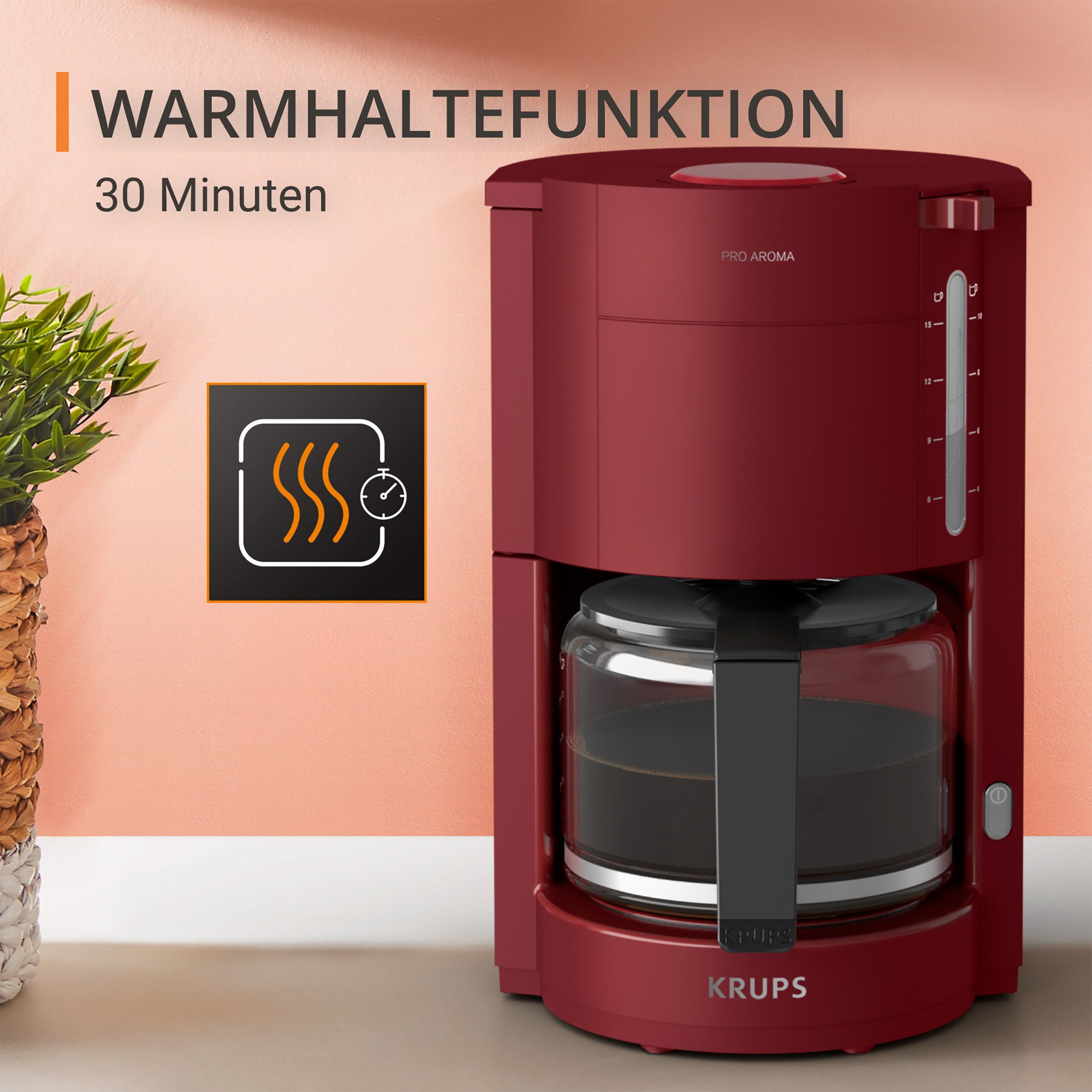 Krups Filterkaffeemaschine F30905 Pro Aroma, 1,25l Kaffeekanne, mit Glaskanne, 1,25L Füllmenge, 10-15 Tassen, 1050W