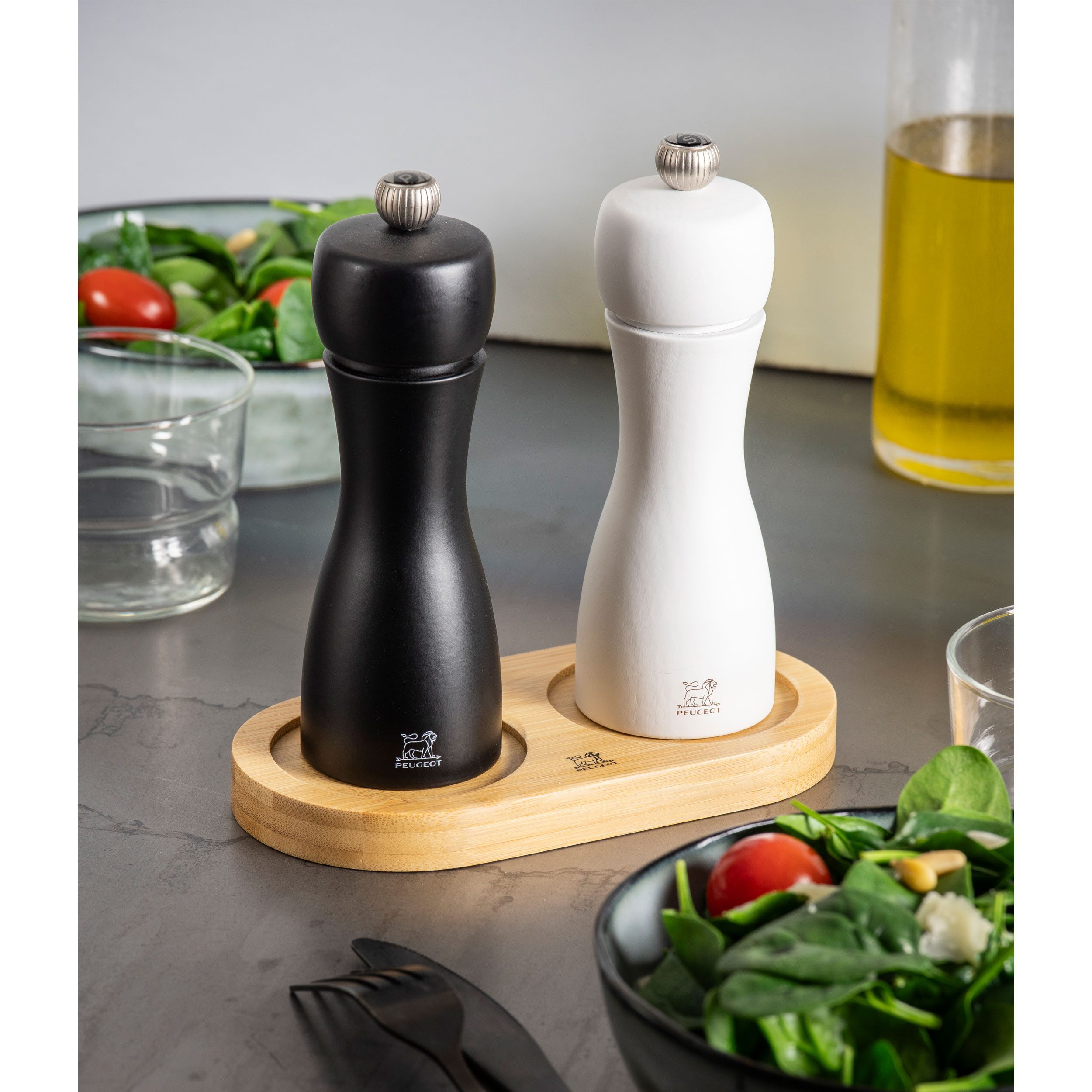 PEUGEOT Gewürzmühle Menage LINEA Bambus Natur 17cm Gewürzmühlen Untersetzer Holz Manuell