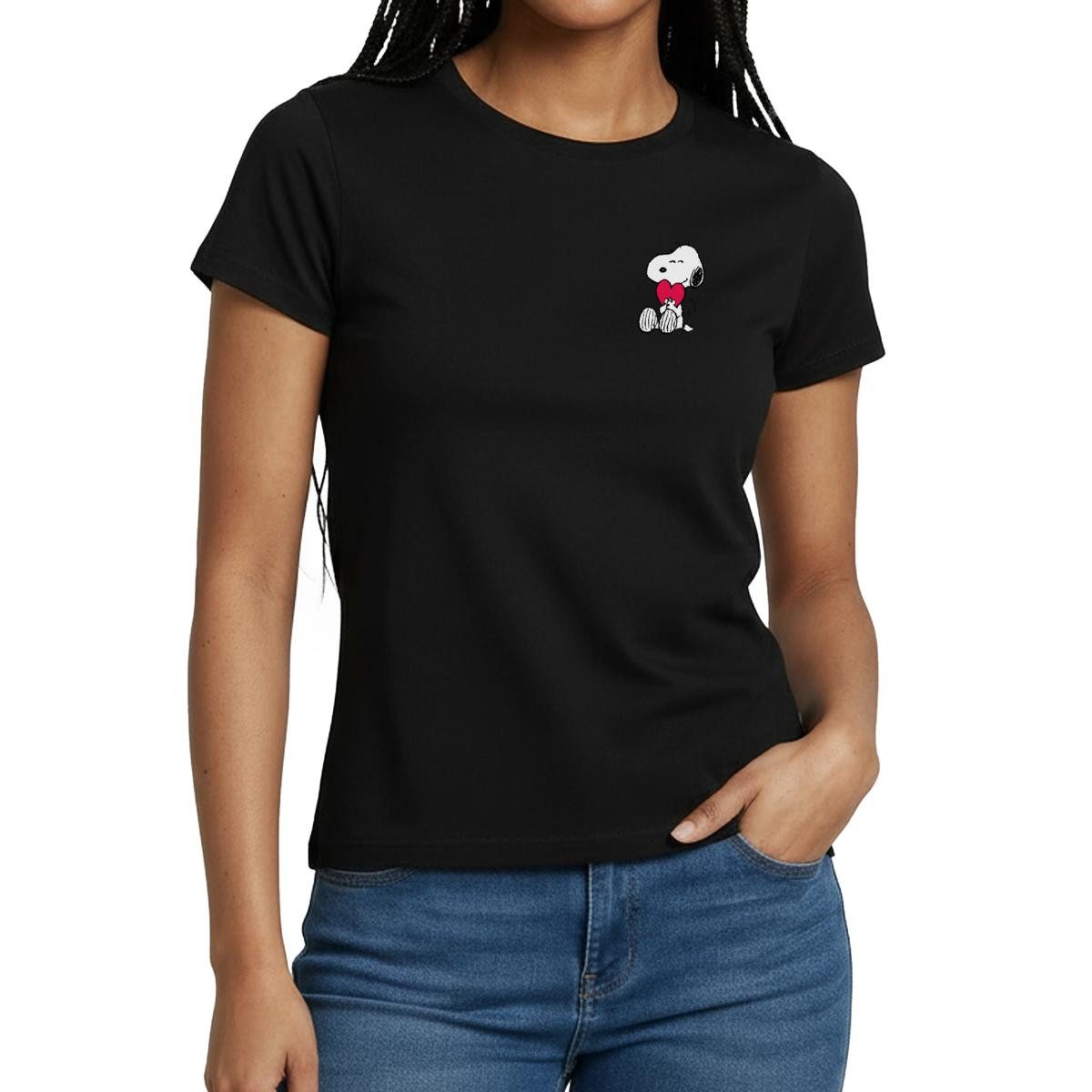 Spreadshirt T-Shirt Peanuts Snoopy mit Herz Brustmotiv Frauen T-Shirt (1-tlg) Slim Fit, fällt klein aus