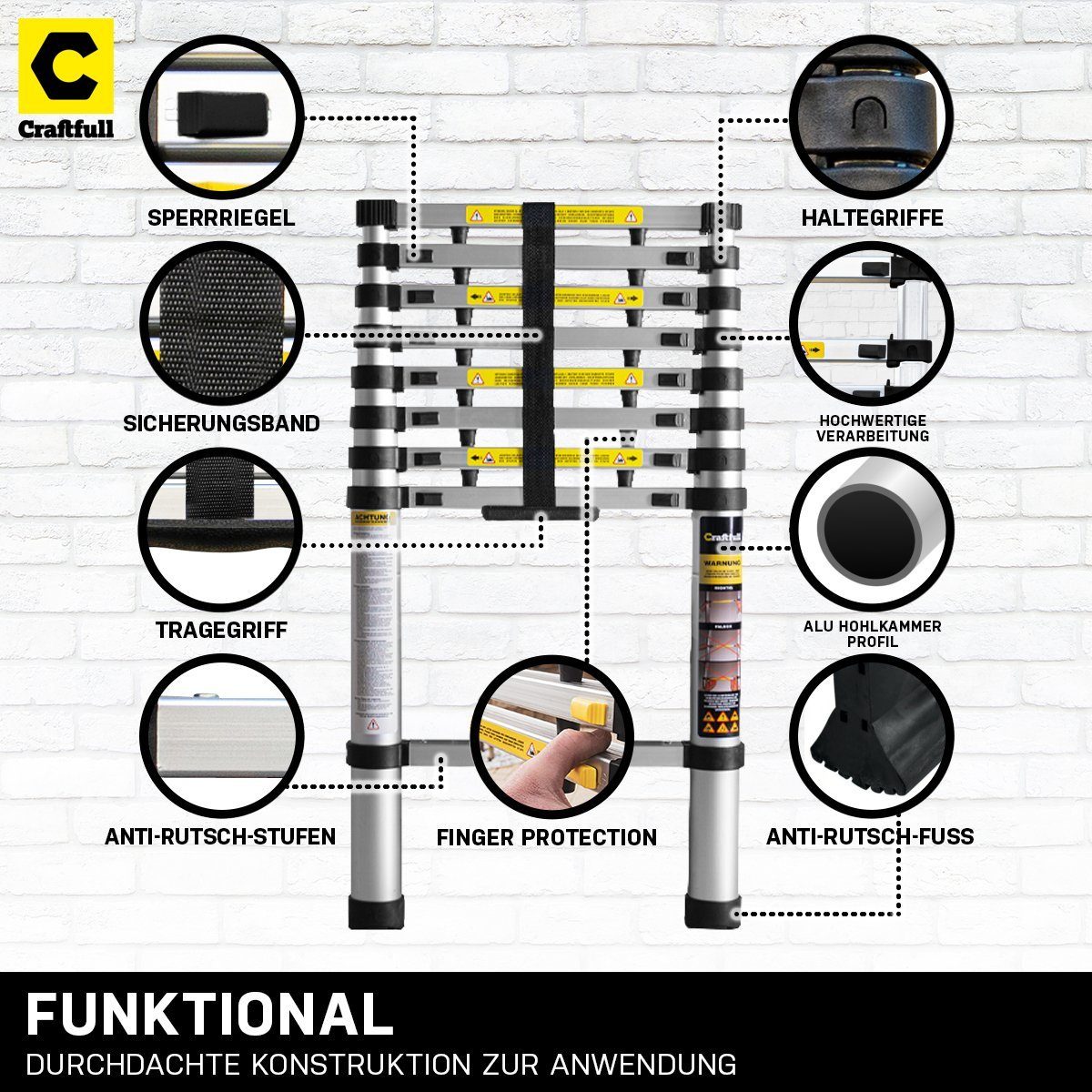 Craftfull Teleskopleiter Ausziehleiter CF-101A - 3 J. Garantie - 2 - 4.4 m - Finger-Protection (Alu Stehleiter, Anlegeleiter, Trittleiter, Multigerüst, Haushaltsleiter, Stufen Leiter, Arbeitsleiter, Klappleiter, Multifunktionsleiter, Mehrzweckleiter, 1-St., Leiter mit Anti-Rutsch Füßen), Alu Leiter Schiebeleiter Aluminiumleiter ausziehbar