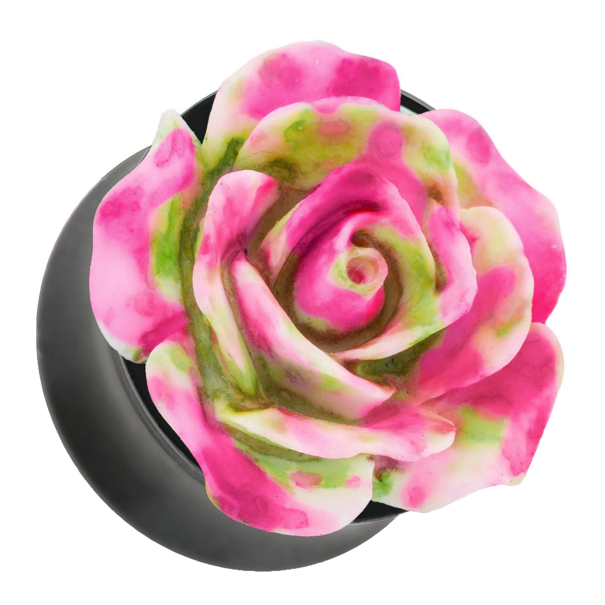 Taffstyle Plug Piercing Ohrpiercing Rose in 3D Optik Pink Grün, Ohr Plug Flesh Tunnel Piercing Ohrpiercing Rose in 3D Optik