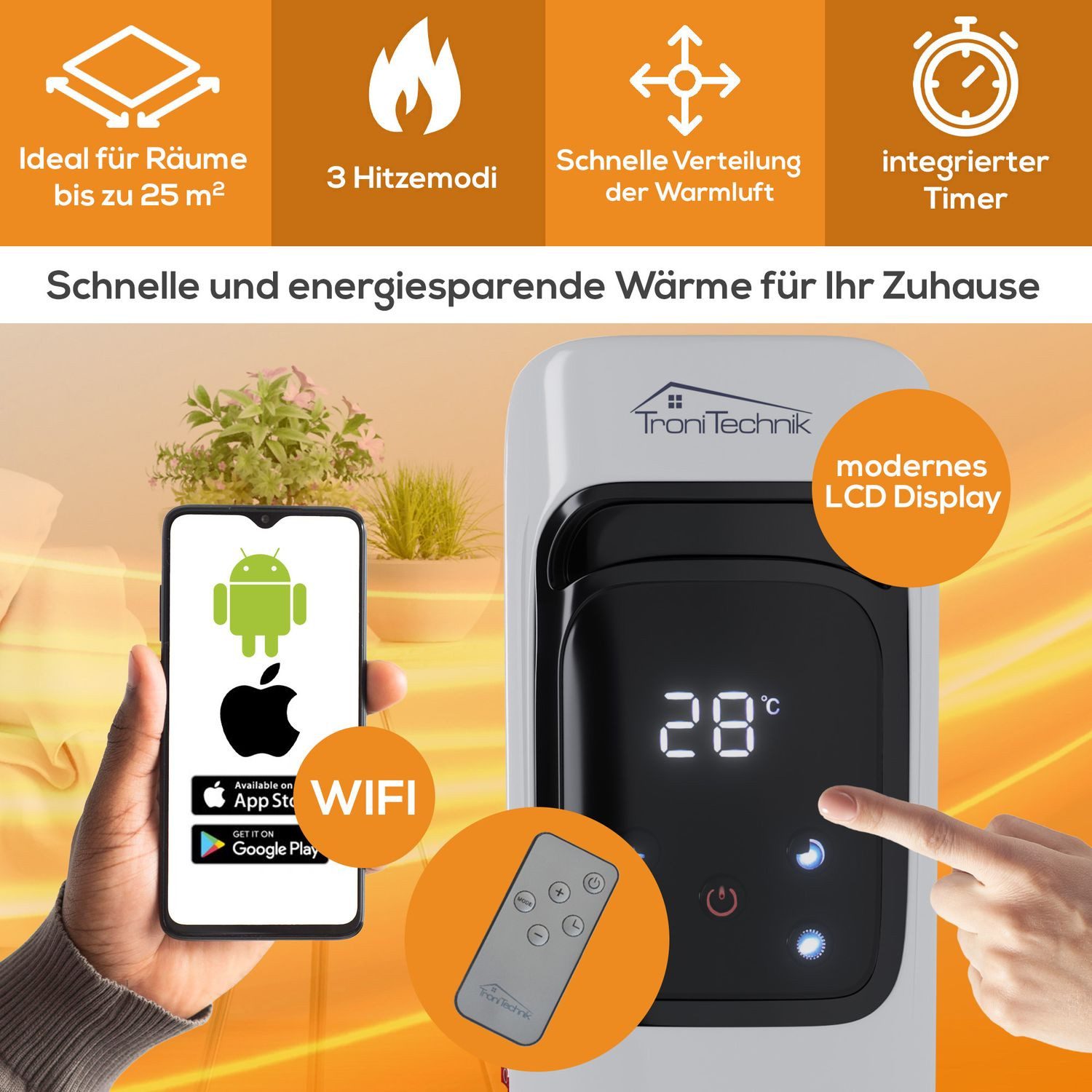 TroniTechnik Heizgerät Ölradiator in weiß, mobile Elektroheizung 7 Rippen, 1500Watt, 1500 W, energiesparend, Elektroheizung, 1500 Watt, 3 Stufen