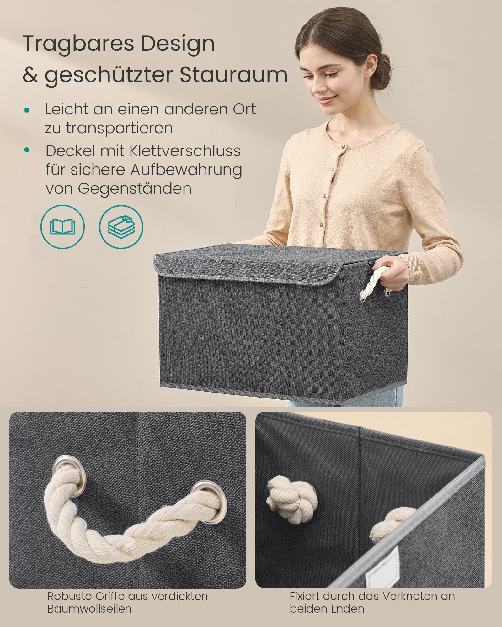 SONGMICS Aufbewahrungsbox 3er Set Stoffboxen klappbar, 50 x 30 x 30 cm, für Schlafzimmer, Wohnzimmer, mit Deckel, Griffe – Bild 5 von 5