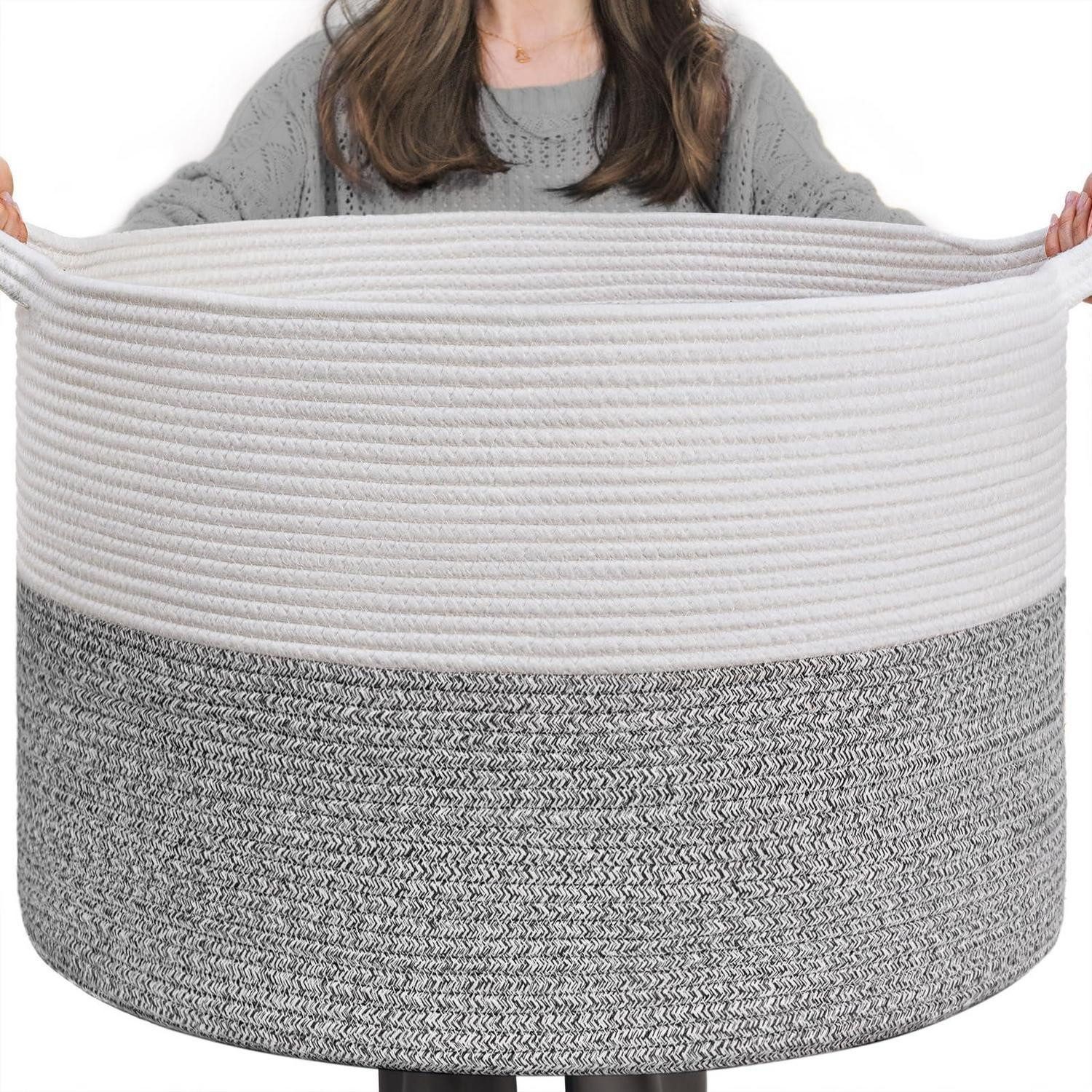 LuxusKollektion Wäschekorb Aufbewahrungskorb Kinderzimmer Geflochten Weiß & Grau 55 x 35 cm