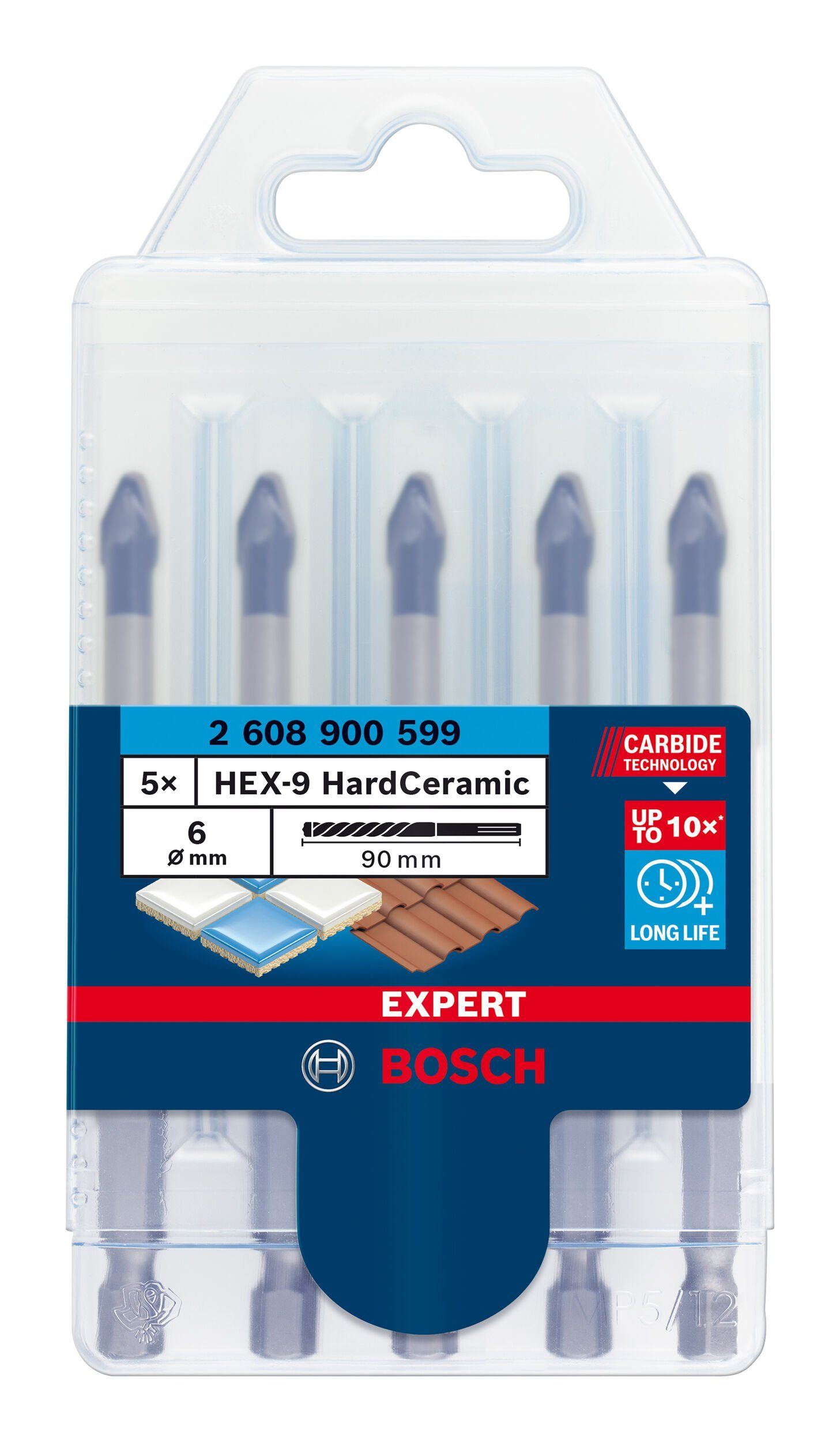 BOSCH Bohrersatz Expert Dreh- 5-teilig 6 HardCeramic, mm, Schlagbohrer Dachziegel-Bohrer-Set, und für HEX-9