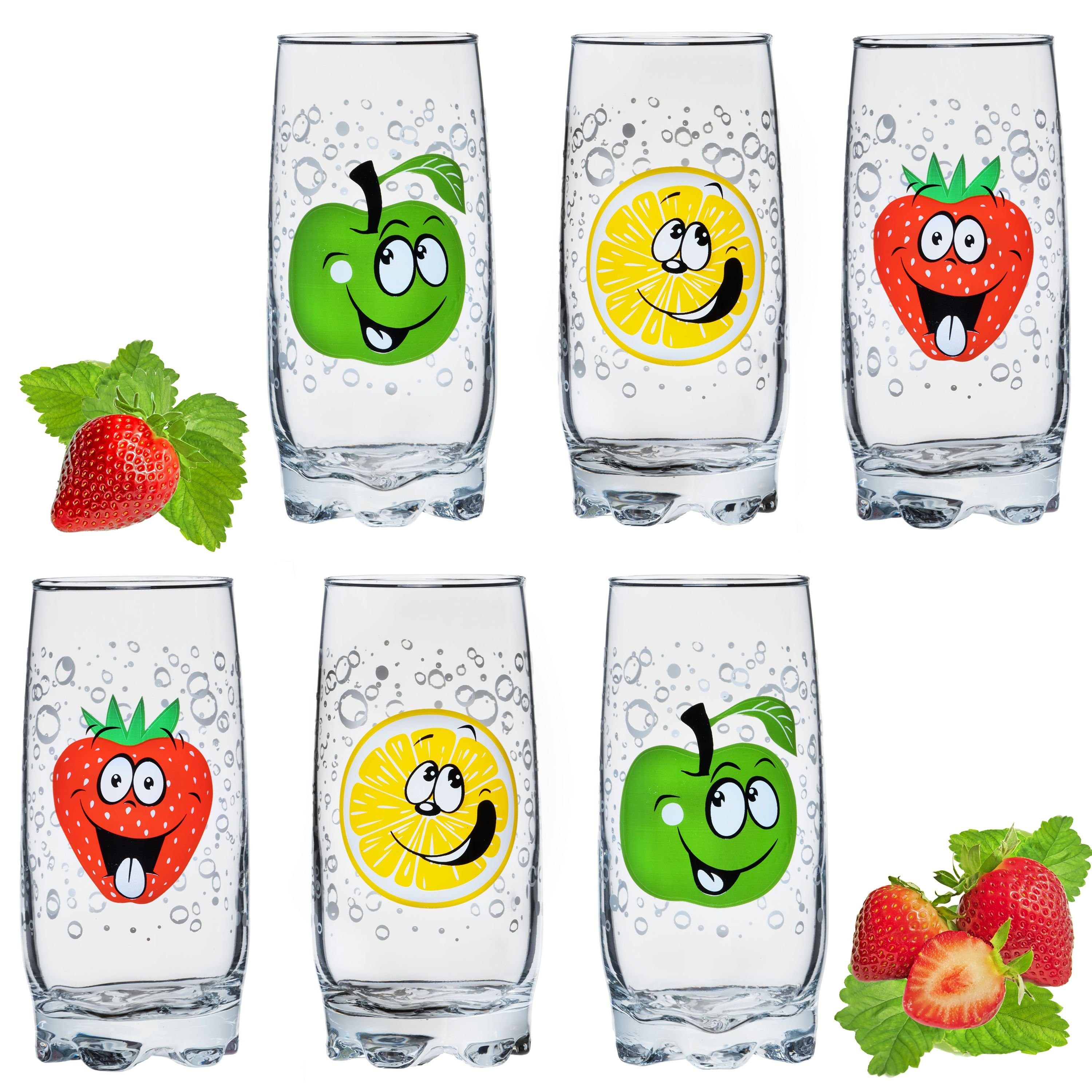PLATINUX Glas Weiße hohe Trinkgläser, Glas, mit lustigen Fruchtgesichtern 350ml Set 6 Teilig aus Glas