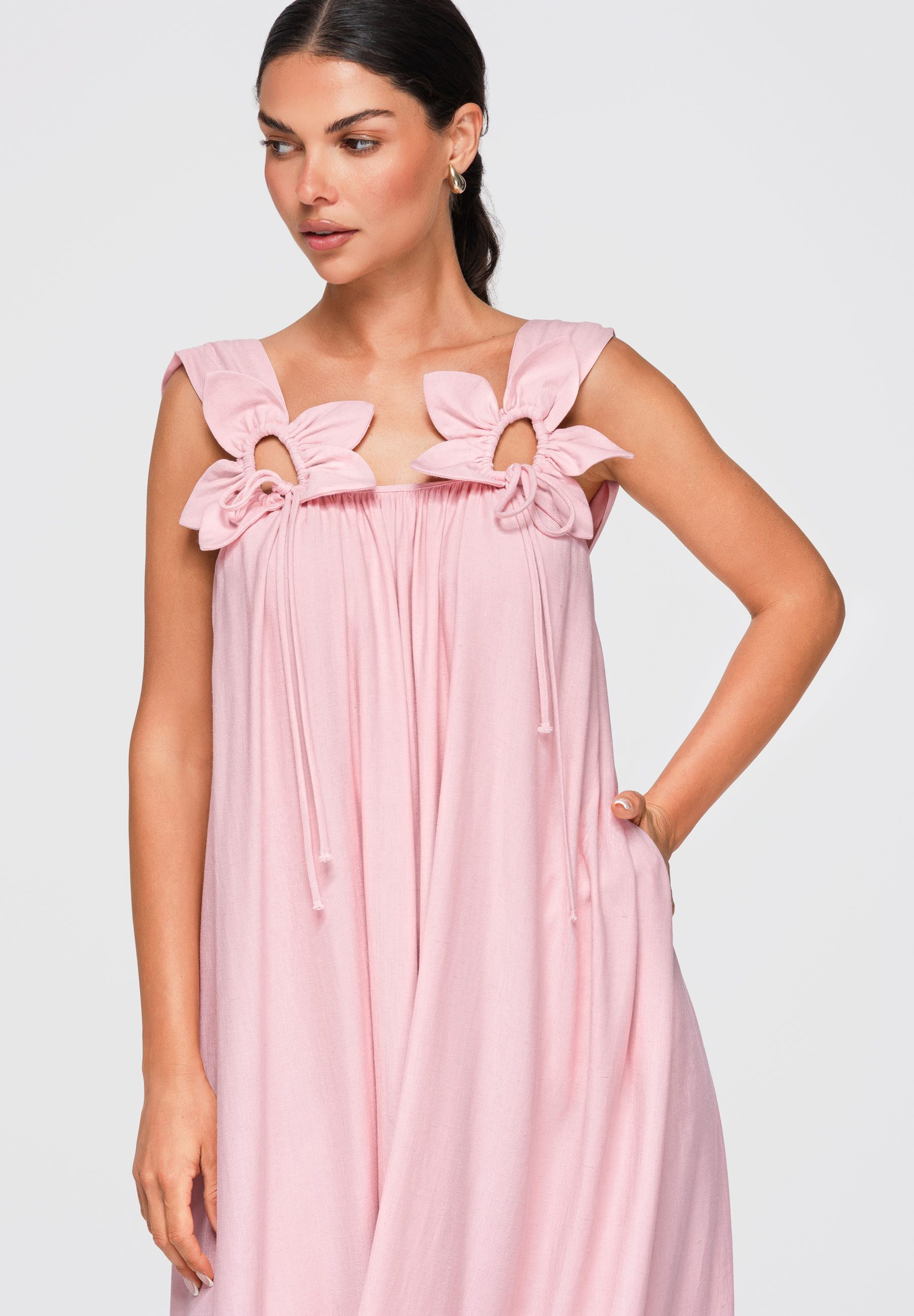 OMBRE Maxikleid Damen Maxikleid mit weitem Schnitt und V-Ausschnitt Rose S (kein Set, 1-tlg) Taschen in den Seitennähten