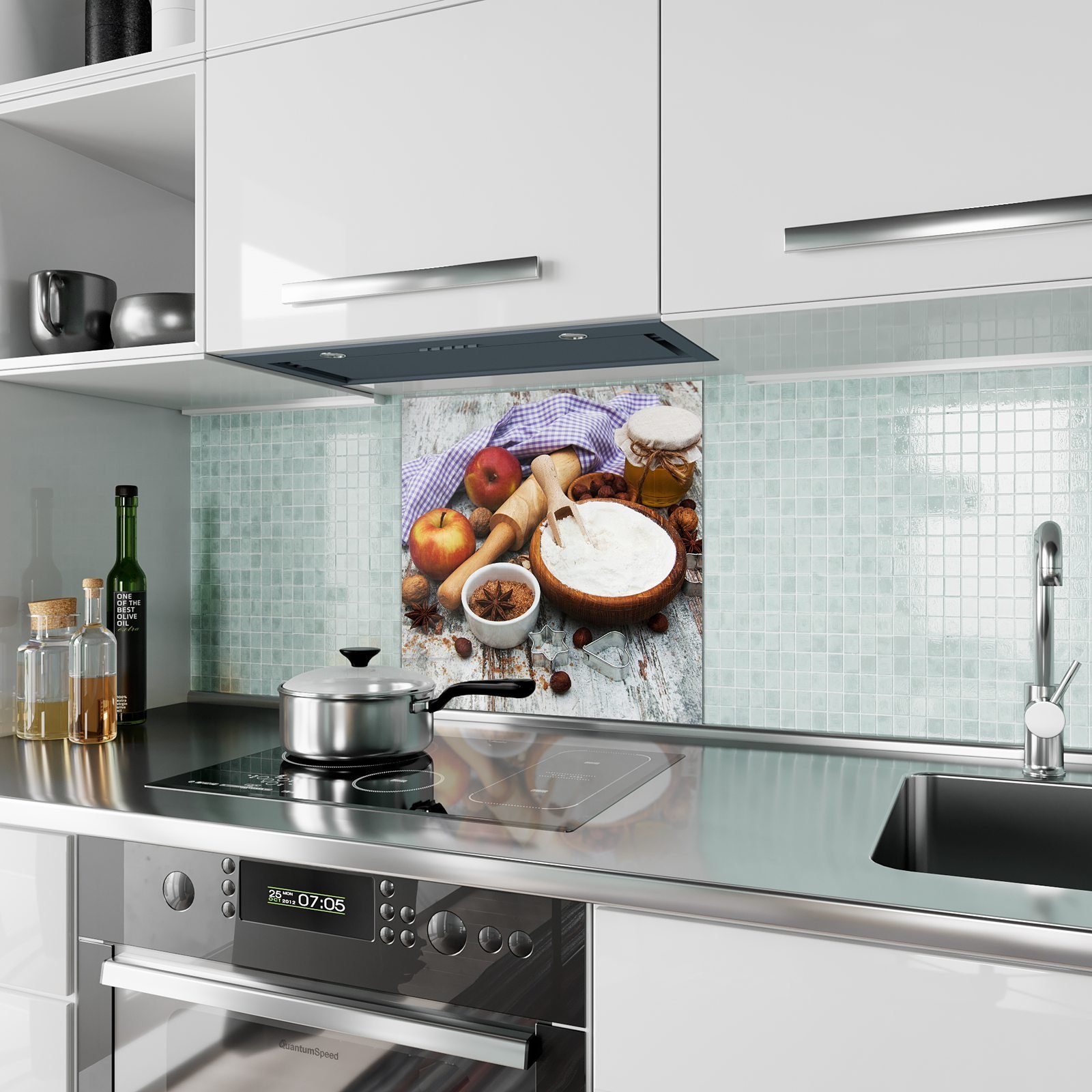 Primedeco Küchenrückwand mit Apfelkuchen Glas Motiv für Spritzschutz Küchenrückwand Zutaten
