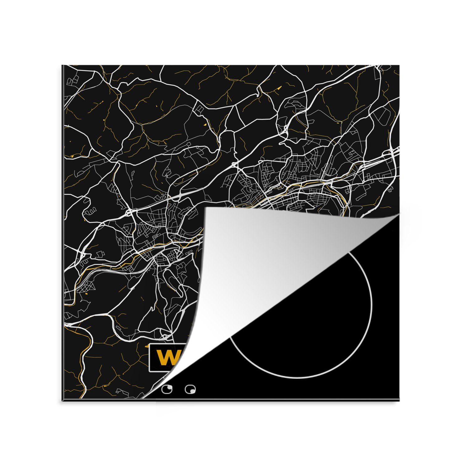 MuchoWow Herdblende-/Abdeckplatte Wuppertal - Gold - Karte - Stadtplan - Deutschland, Vinyl, (1 tlg), 78x78 cm, Ceranfeldabdeckung, Arbeitsplatte für küche