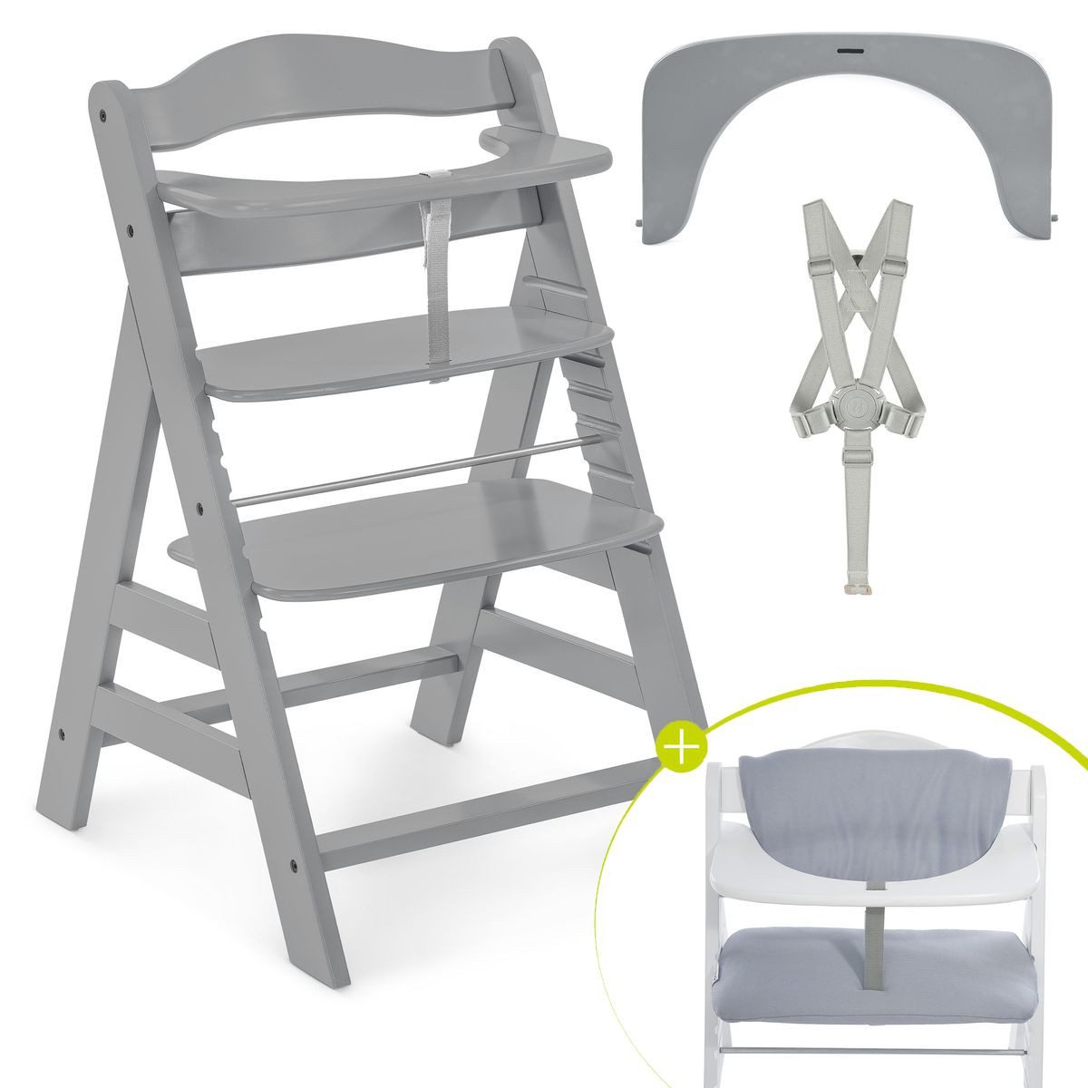 Hauck Hochstuhl Alpha Plus Grey, Mitwachsender Holz Kinderhochstuhl verstellbar mit Sitzauflage & Gurt