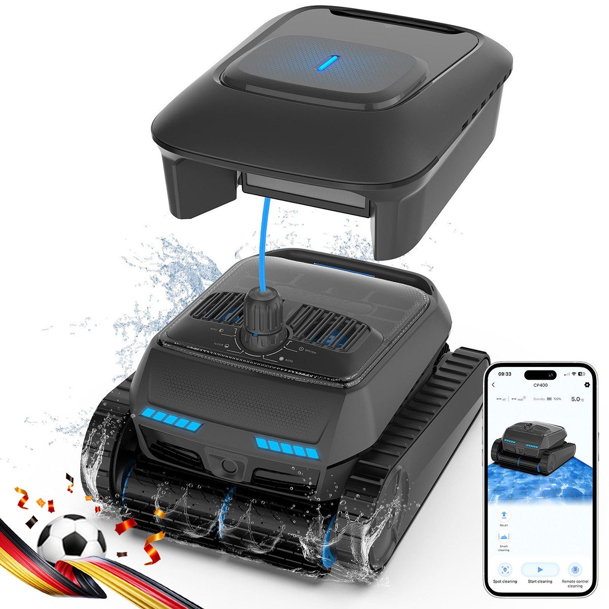 AIRROBO Poolroboter CP400 poolroboter akku wand und boden,mit Skimmer-Funktion, (Geeignet für die Reinigung von Böden, Wänden, Wasserlinie und Wasseroberflächen, Geeignet für die meisten Schwimmbäder), 4 Motoren,Die Komplettlösung für die Poolreinigung,Zwei Jahre Garantie