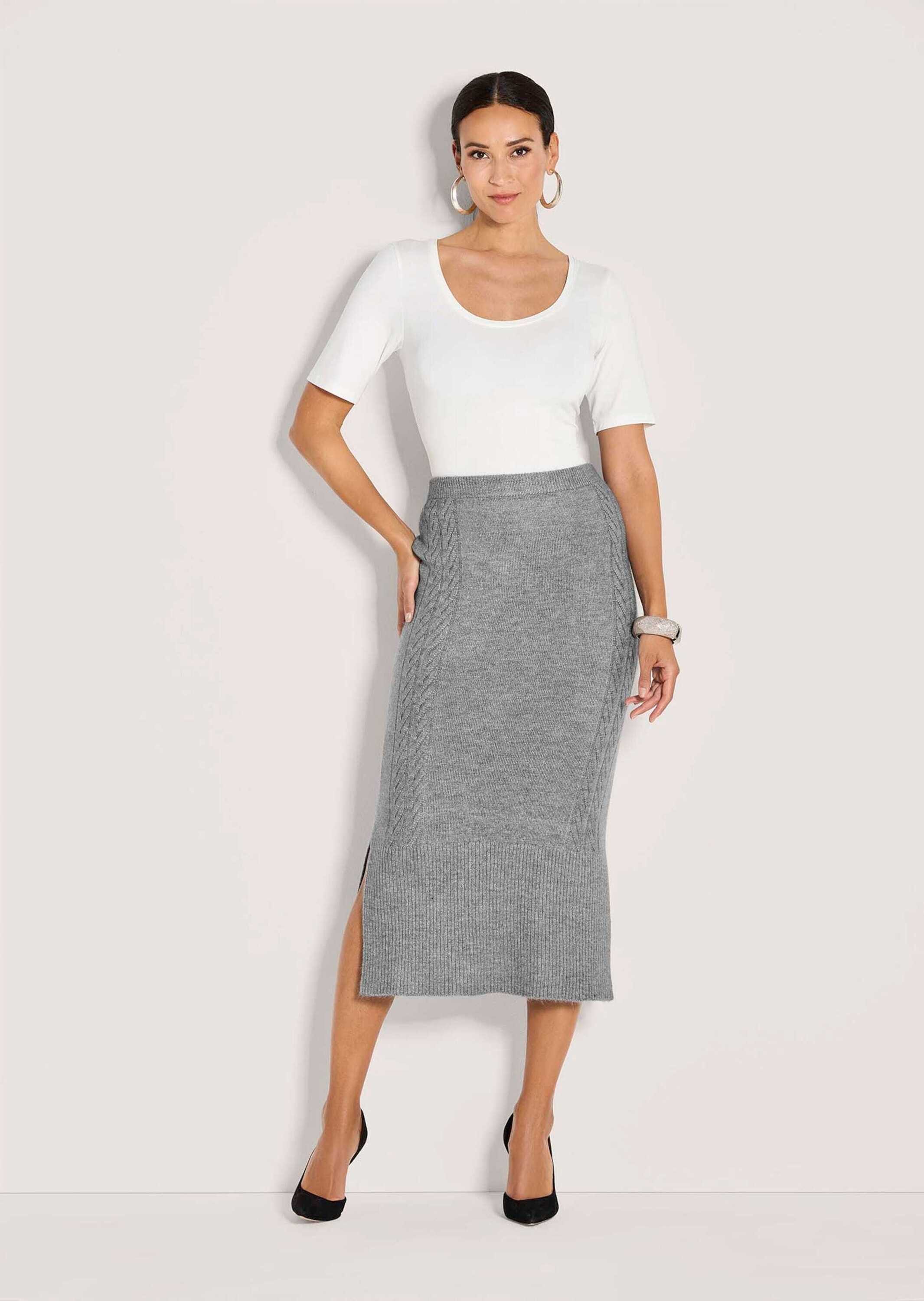 MADELEINE Maxirock Eleganter Melange-Rock mit Zopfmuster Elastischer Komfortbund, wadenlang