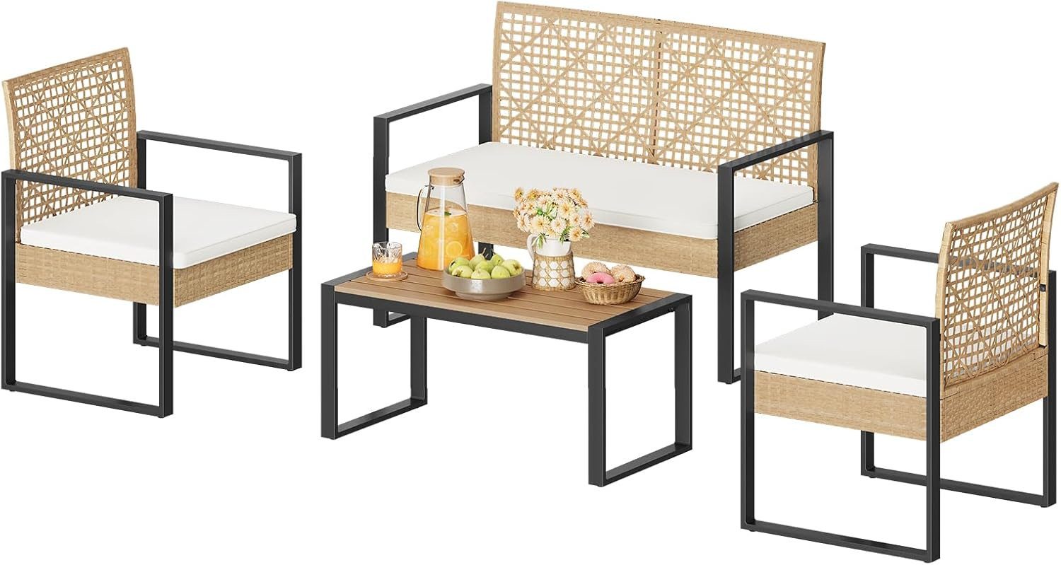 Woltu Gartenlounge-Set, (4-tlg), Gartenmöbel mit 1 Sofa 2 Sessel 1 Couchtisch und Kissen, Rattan-Optik