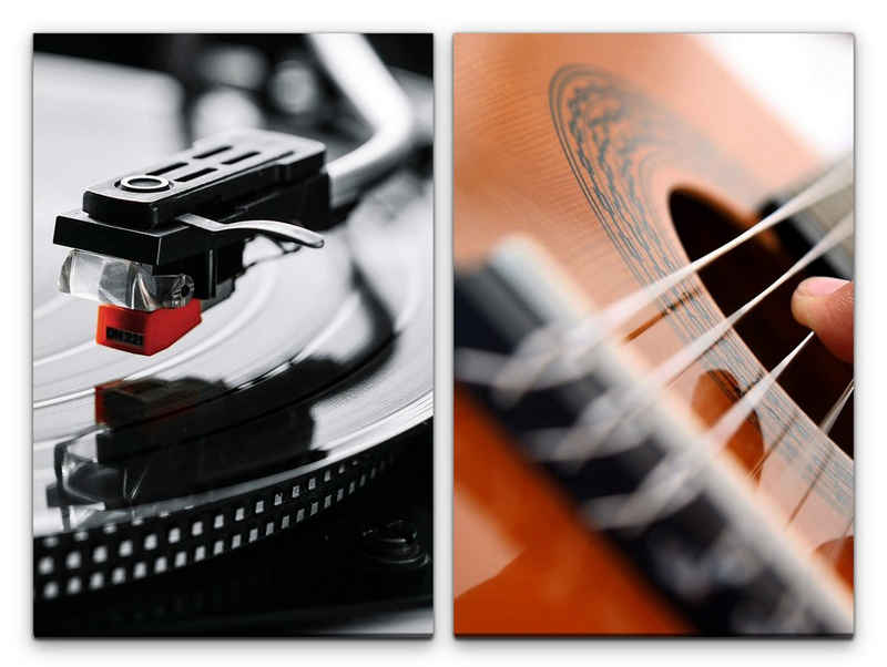 Sinus Art Leinwandbild 2 Bilder je 60x90cm Plattenspieler Musik Gitarre Tonabnehmer Tonarm Schallplatte Vinyl