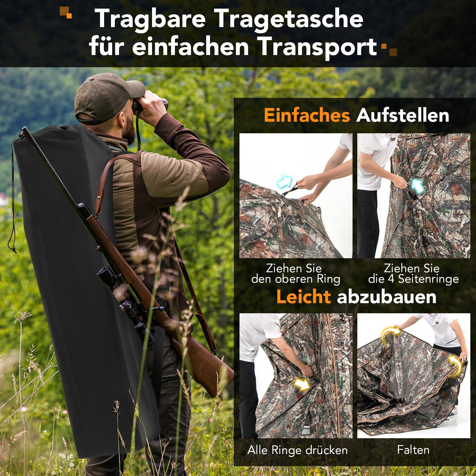 COSTWAY Angelzelt, Personen: 3, 5 TLG. 360° durchsichtiges Jägerzelt