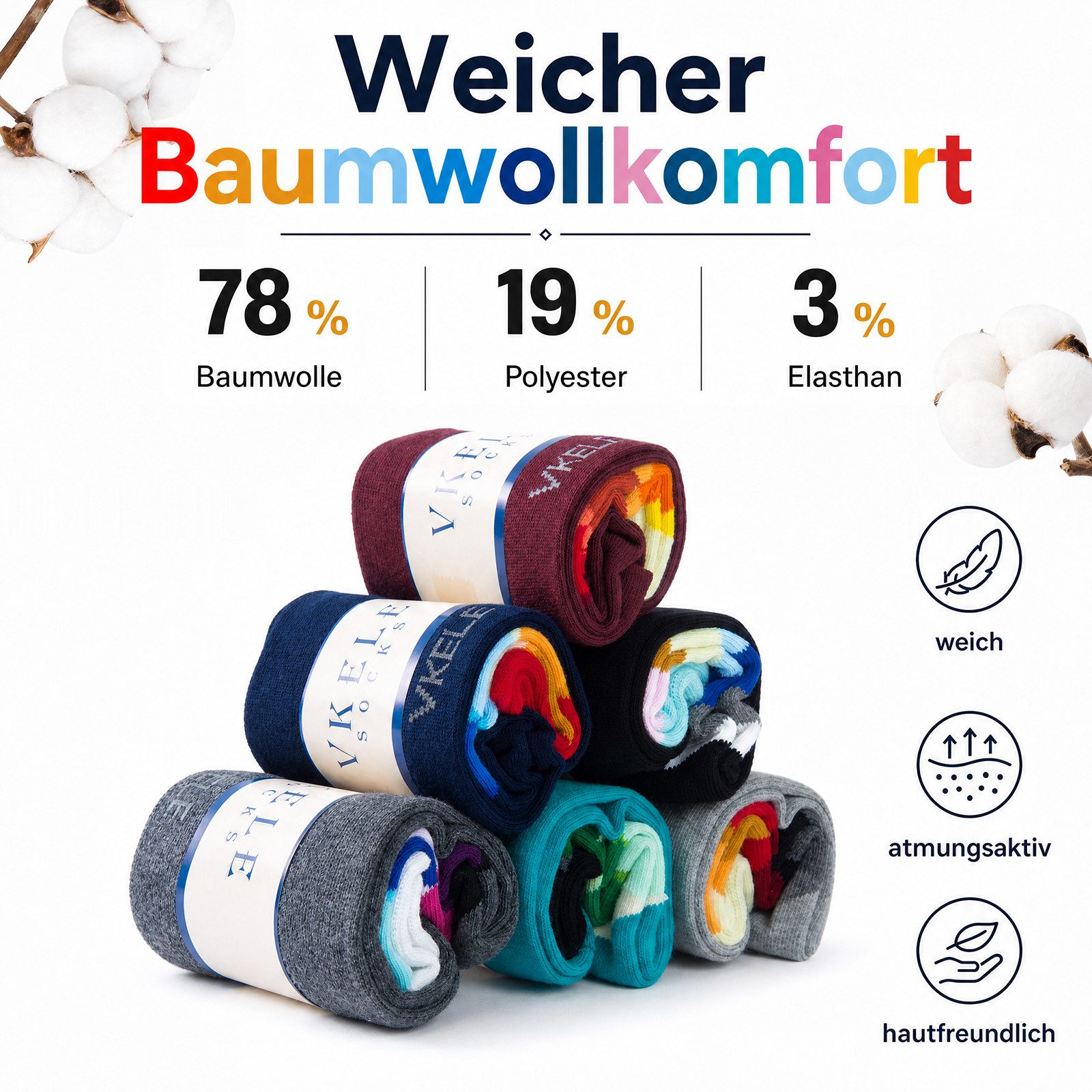 Vkele Businesssocken Bunte Socken (6-Paar) Geschenkpack einfarbige socken herrensocken, Crew Socken – Bild 3 von 5