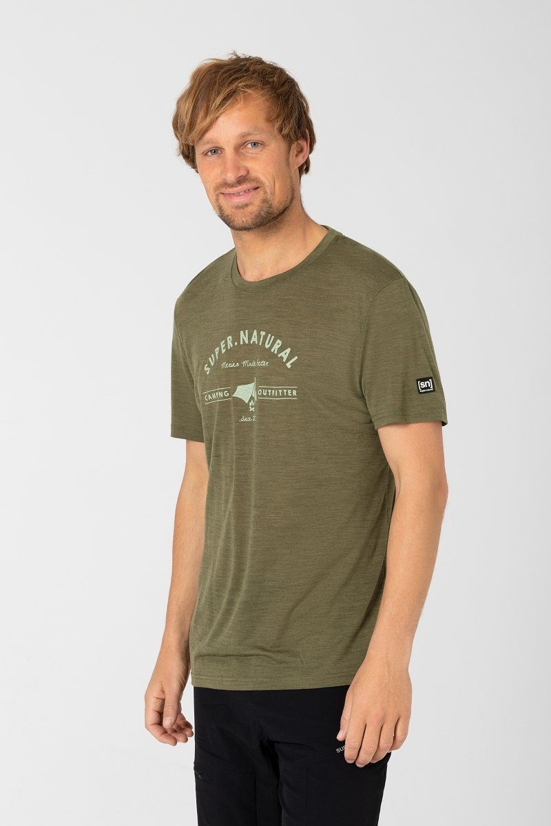 SUPER.NATURAL T-Shirt Merino T-Shirt M CAMPING TEE angenehmer Merino-Materialmix Olive Night Melange/Celadan Green