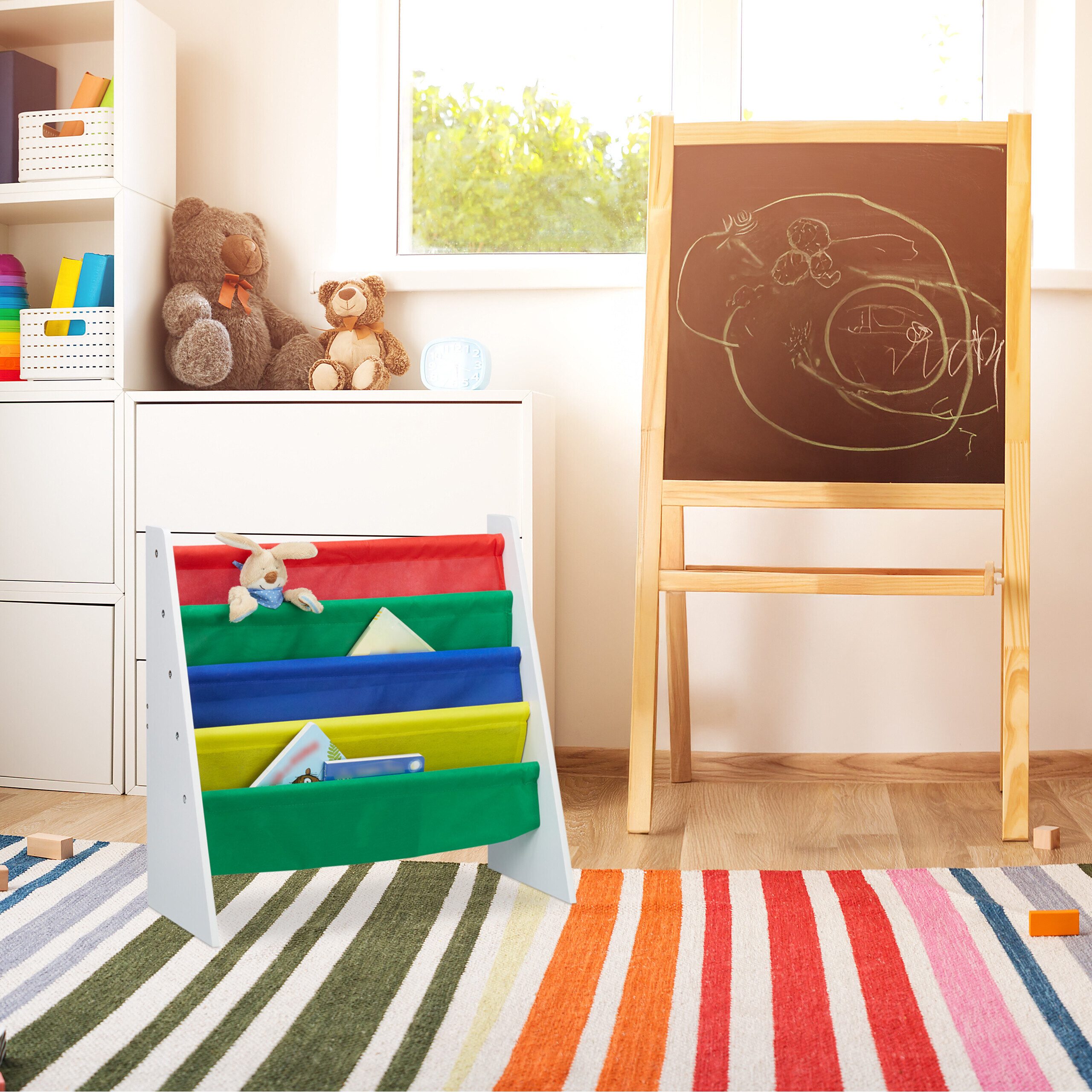 relaxdays Kinderregal Bücherregal für Kinder mit Stofffächern
