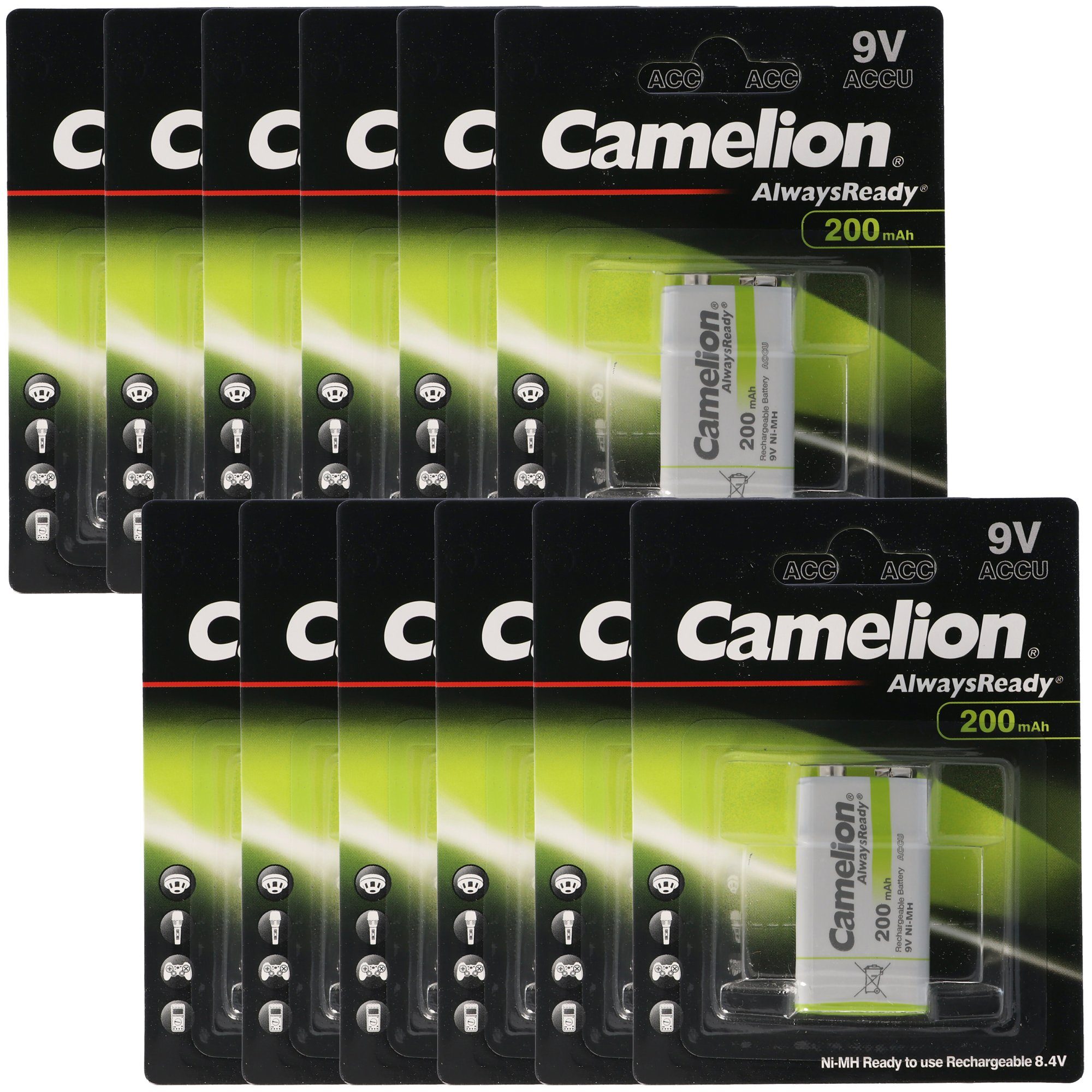 Camelion 12 Stück Vorteilspack 9V, HR6F22 NiMH Akku mit 200mAh, Always Ready m Akku 200 mAh (9,0 V)