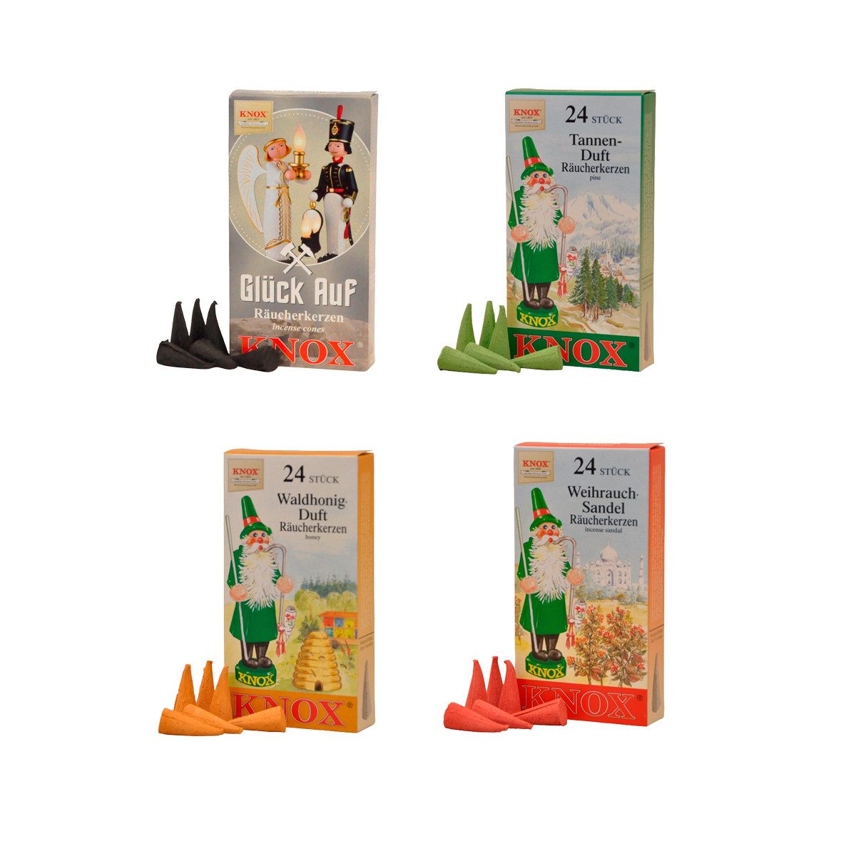 KNOX Duftkerze Räucherkerzen 4er Set - Glück Auf, Tanne, Waldhonig & Weihrauch-Sandel, je 24 Stück pro Packung - in der Größe M - Made in Germany