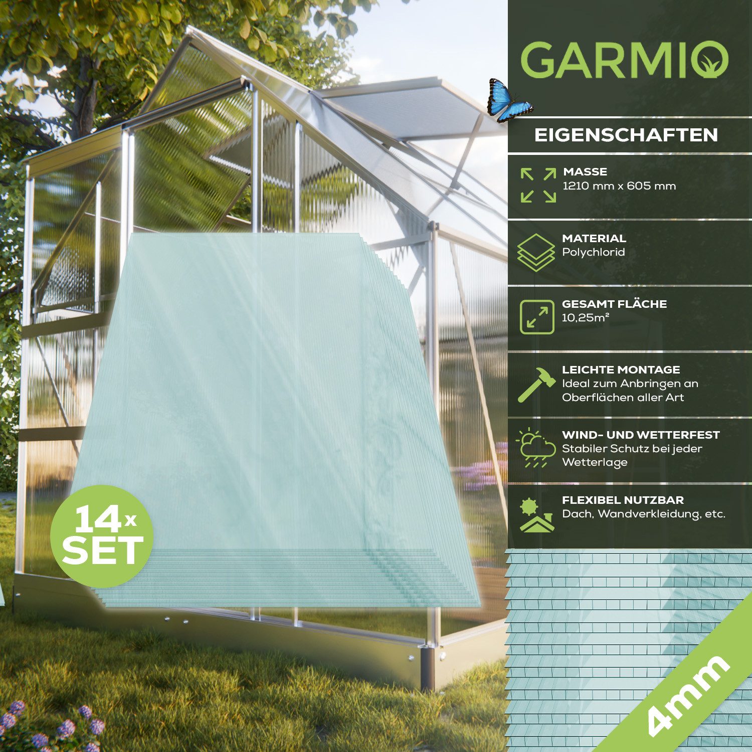 GARMIO Gewächshaus Hohlkammerstegplatten ACRI 4mm, Ersatz Gewächshausplatten 10,25m, Set aus 14 Platten, Polycarbonat transparent, UV-beständig