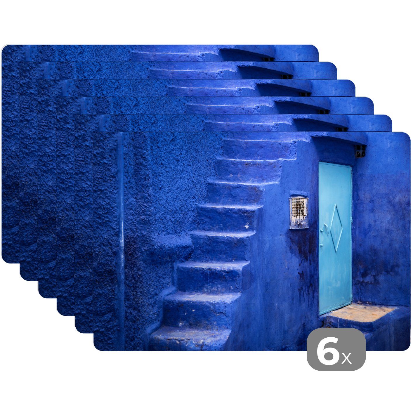 Platzset, Architektur - Blau - Tür, MuchoWow, (6-St), Platzset, Schmutzabweisend - Treppe Platzmatte, Platzdecken, Tischmatten
