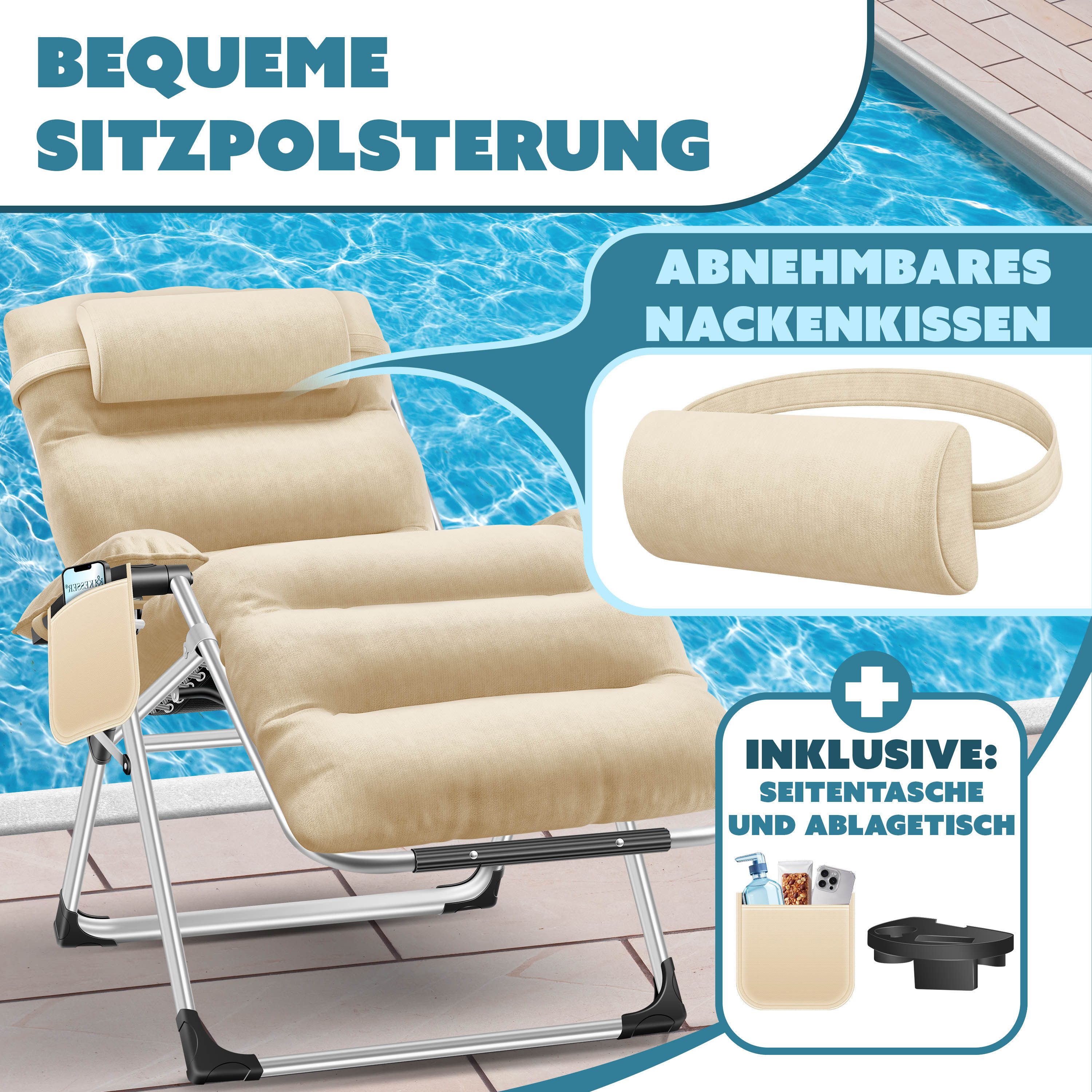 KESSER Gartenliege, Sonnenliege Liegestuhl Klappbar + Nackenkissen Gartenstuhl