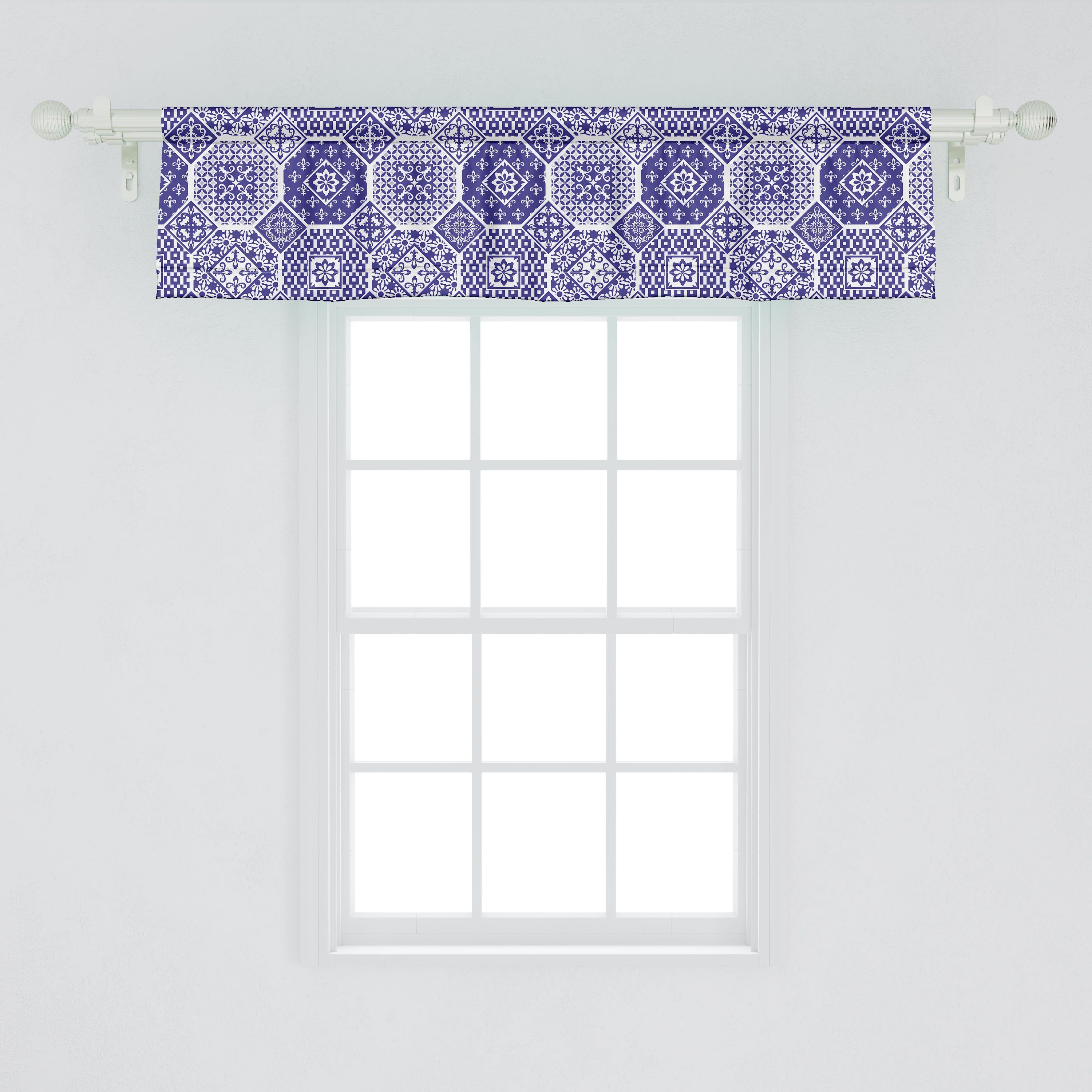 Scheibengardine Vorhang Volant für Blumen Küche Stangentasche, Abakuhaus, Microfaser, Rhythmische Dekor Motive mit Azulejo Schlafzimmer