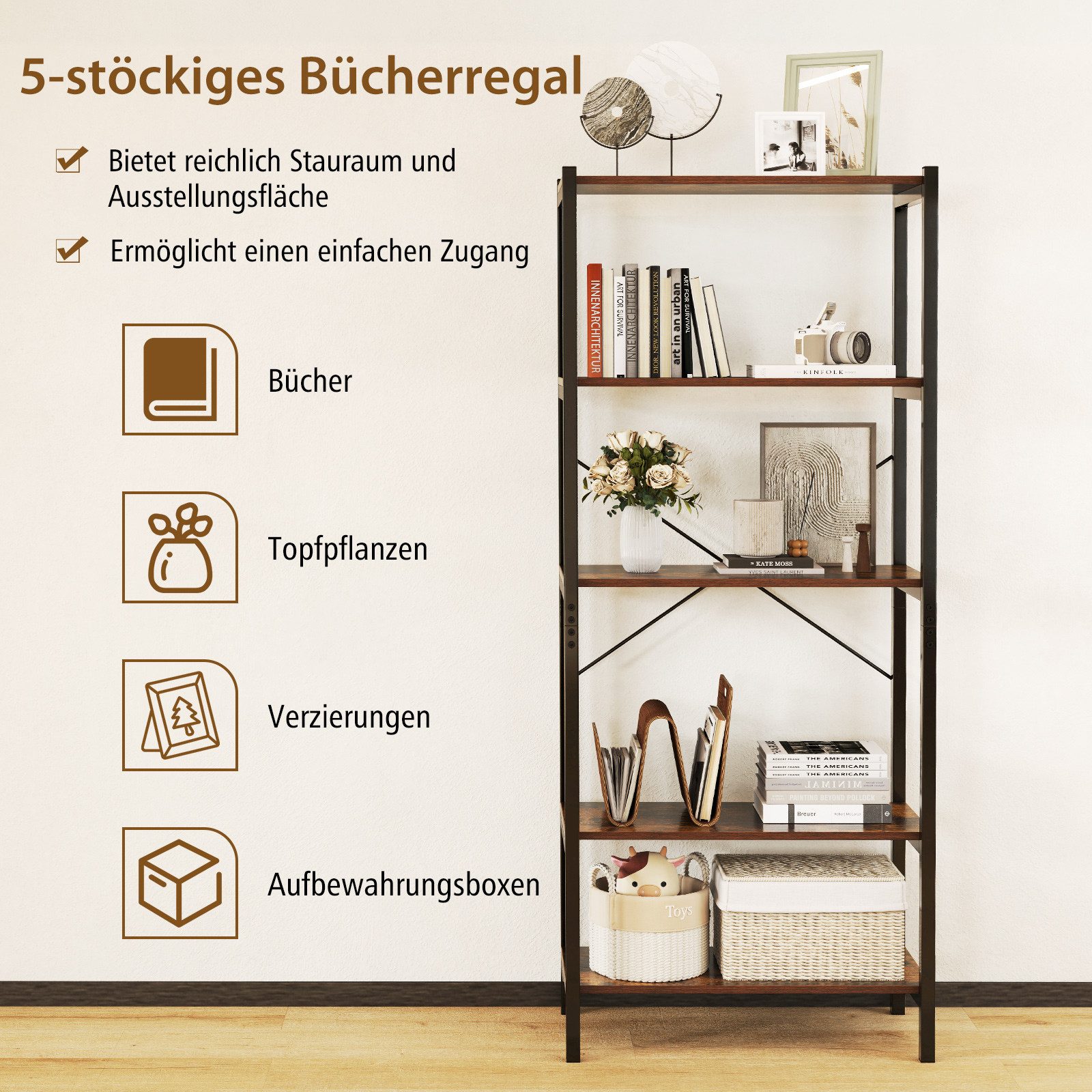 COSTWAY Bücherregal, Standregal industriell aus Holz mit Metallrahmen, 66x34x161cm