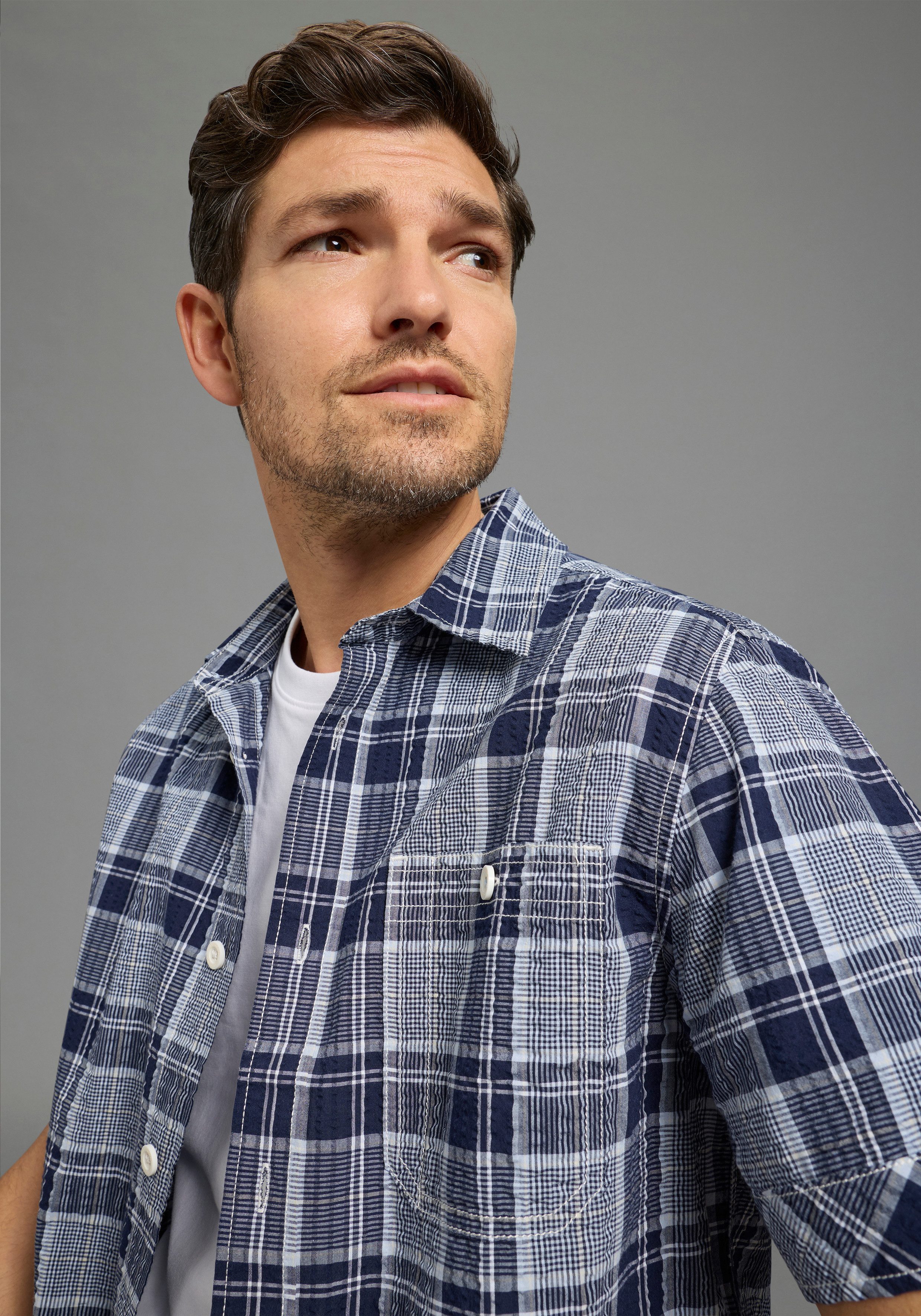 Man's World Karohemd in Crinkleoptik Kurzarm, für Frühling und Sommer, aus Baumwolle, bequeme Passform