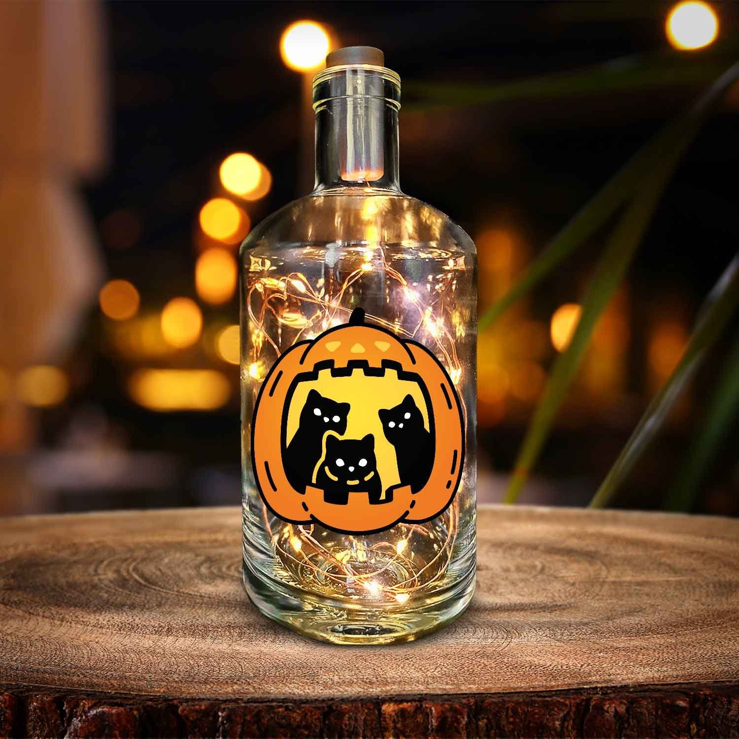 GRAVURZEILE Lichterkette Flasche mit UV-Druck - im Halloween Kürbis Katzen Design, 20 LEDs Lichterkette mit Schalter am Korken Drahtlichterkette