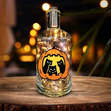 GRAVURZEILE Lichterkette Flasche mit UV-Druck - im Halloween Kürbis Katzen Design, 20 LEDs Lichterkette mit Schalter am Korken Drahtlichterkette