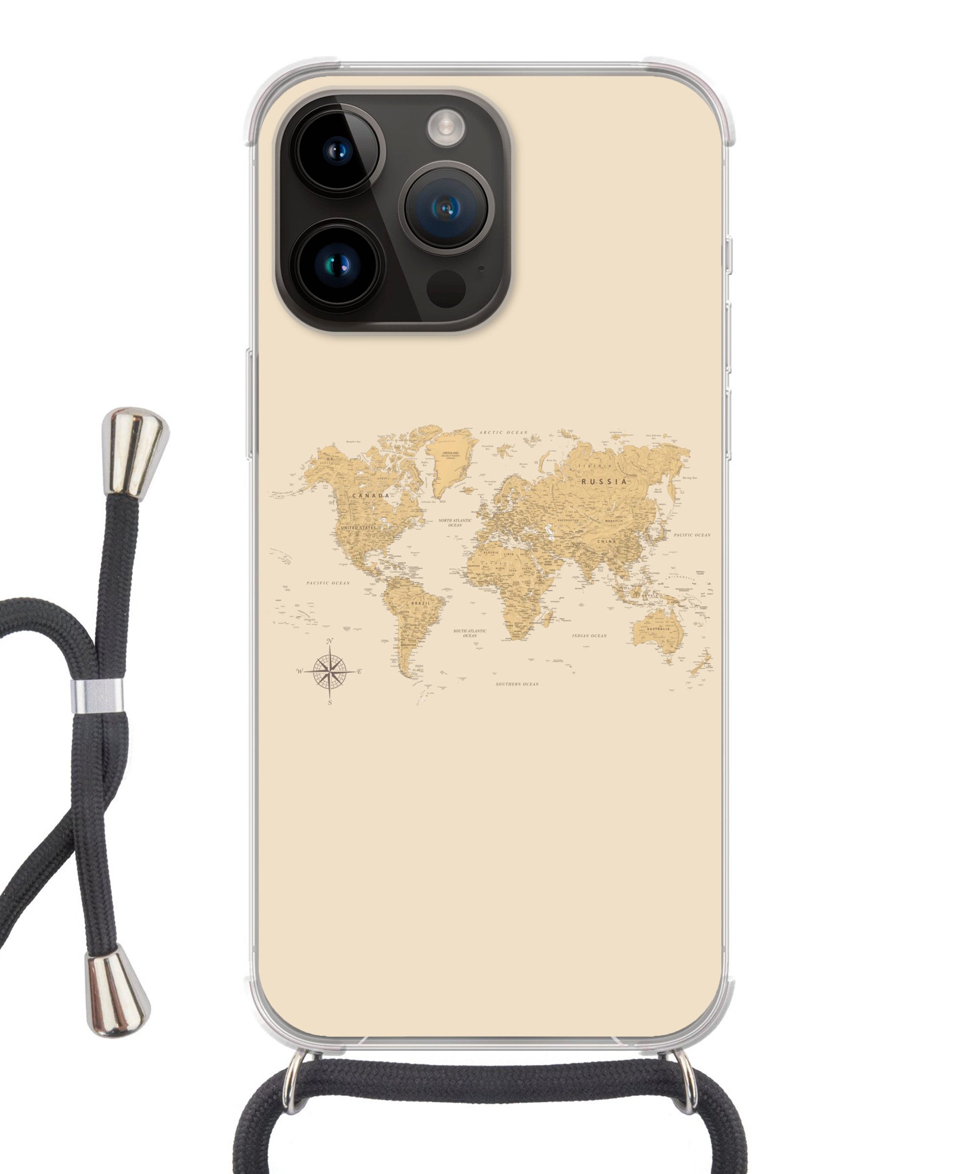 MuchoWow Handyhülle für Apple iPhone 14 Pro Weltkarte - Realistisch - Beige, Tragbare Handyhüllen mit Kette zum umhängen, Handykette Handyband
