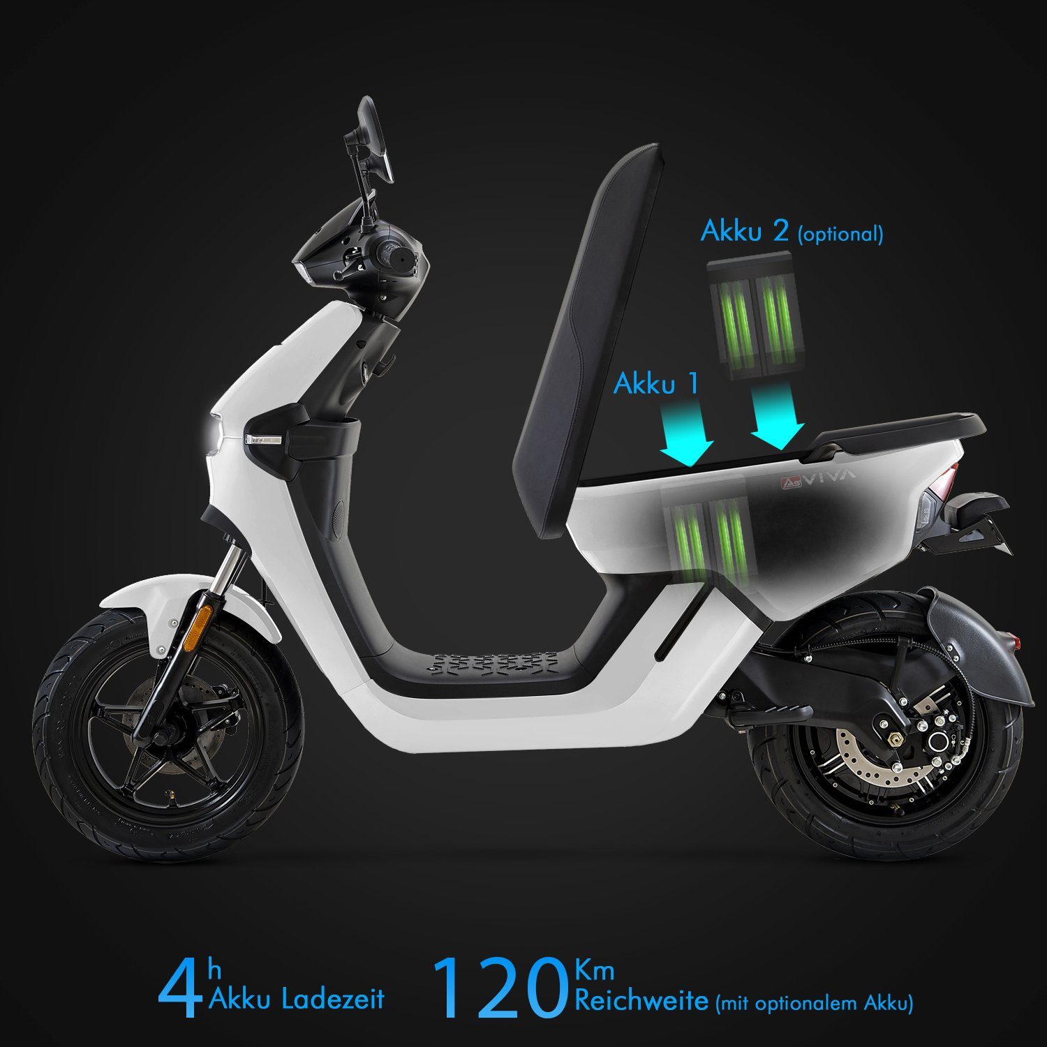 AsVIVA EM1 electric scooter, 1200 W, 45 km/h, dual battery system, keyless go, alarm, immobilizer