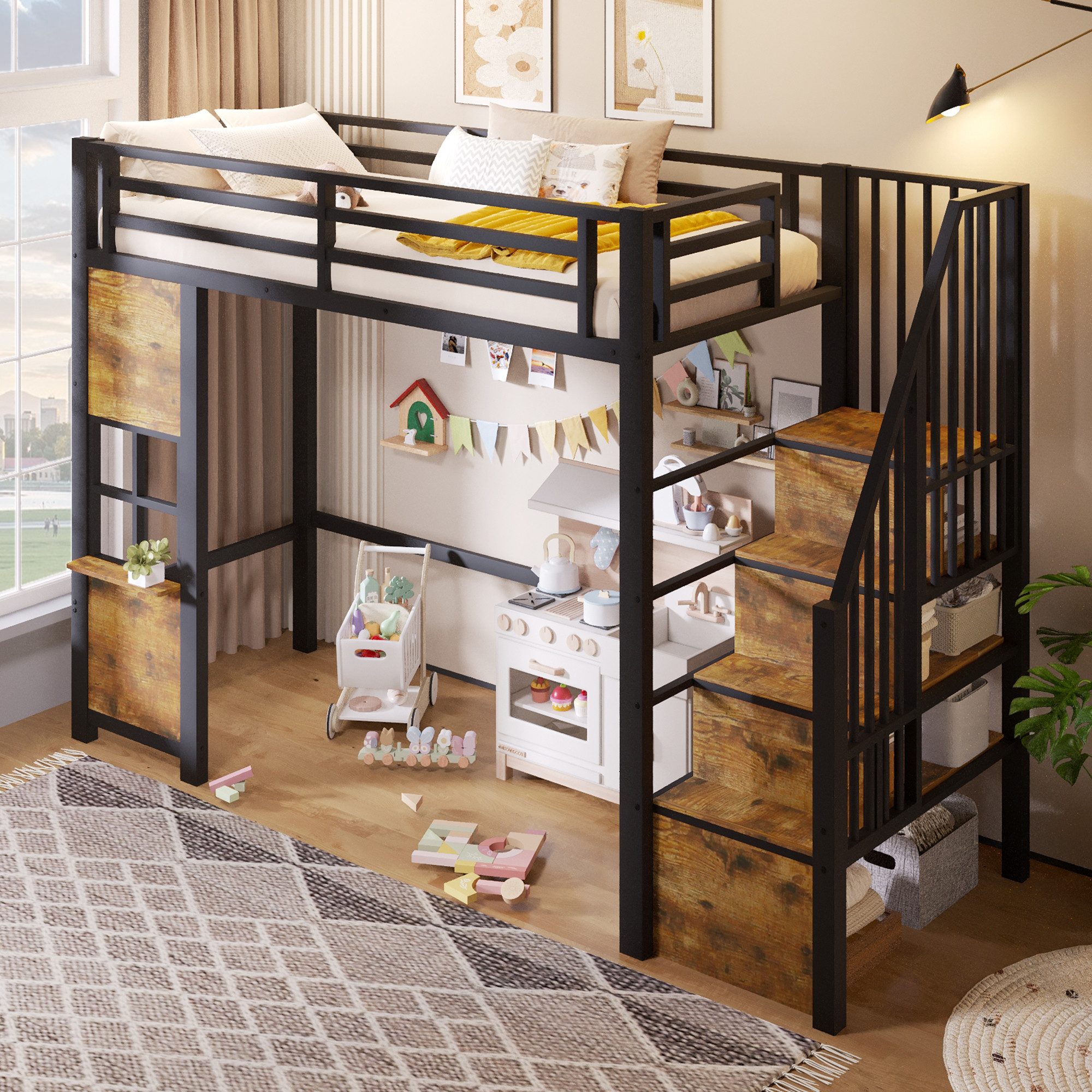 BlingBin Hochbett 90/140x200 cm Kinderbett Jugendbett mit Treppe, Stauraum, Metall (3 Packung, 1-St., mit Ablageleiter und Schutzgeländer,Lattenrost) offener Stauraum unter dem Bett,Ohne Matratze
