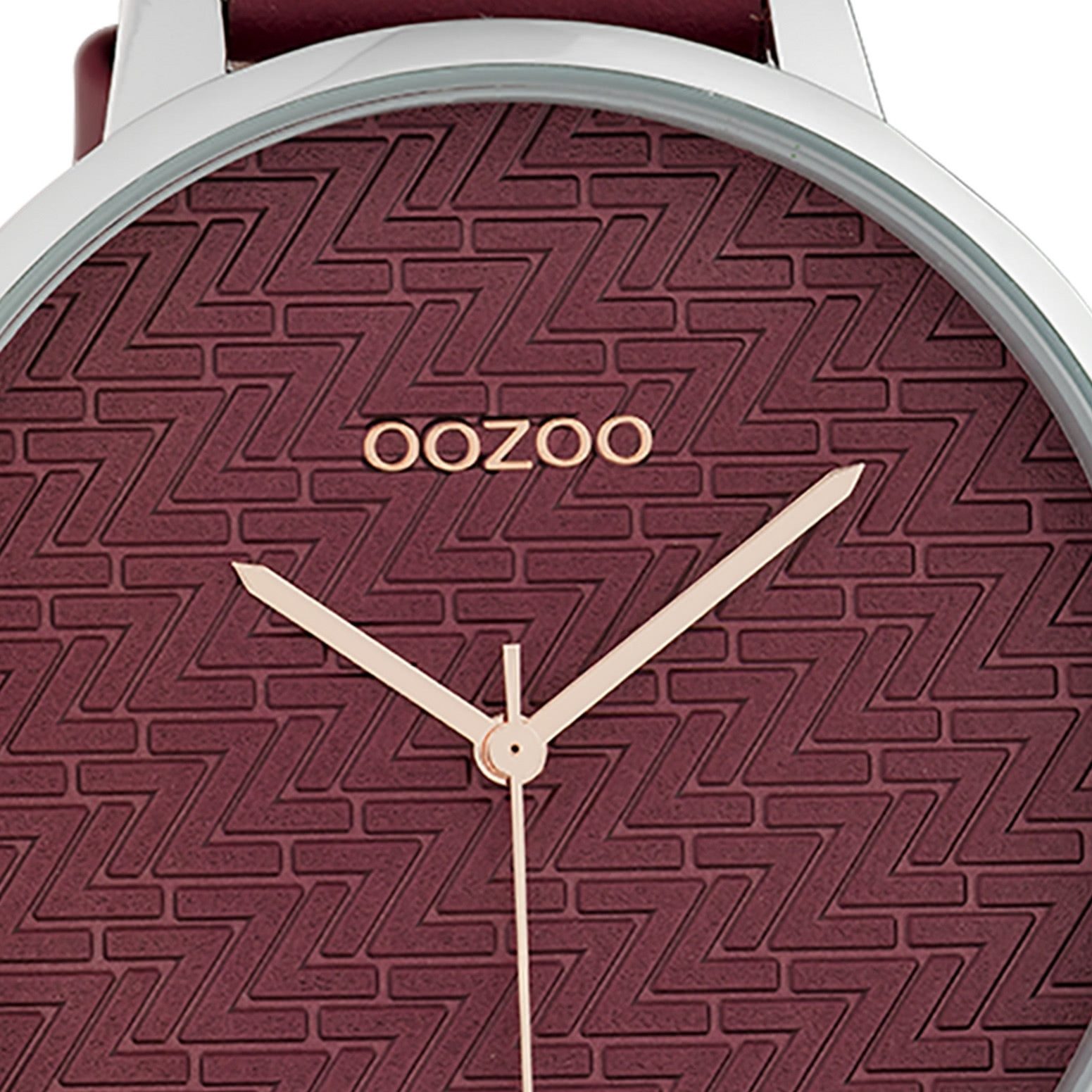 OOZOO Quarzuhr Oozoo Damen Armbanduhr Timepieces Analog, (Analoguhr), Damenuhr rund, extra groß (ca. 48mm), Lederarmband weinrot, Fashion