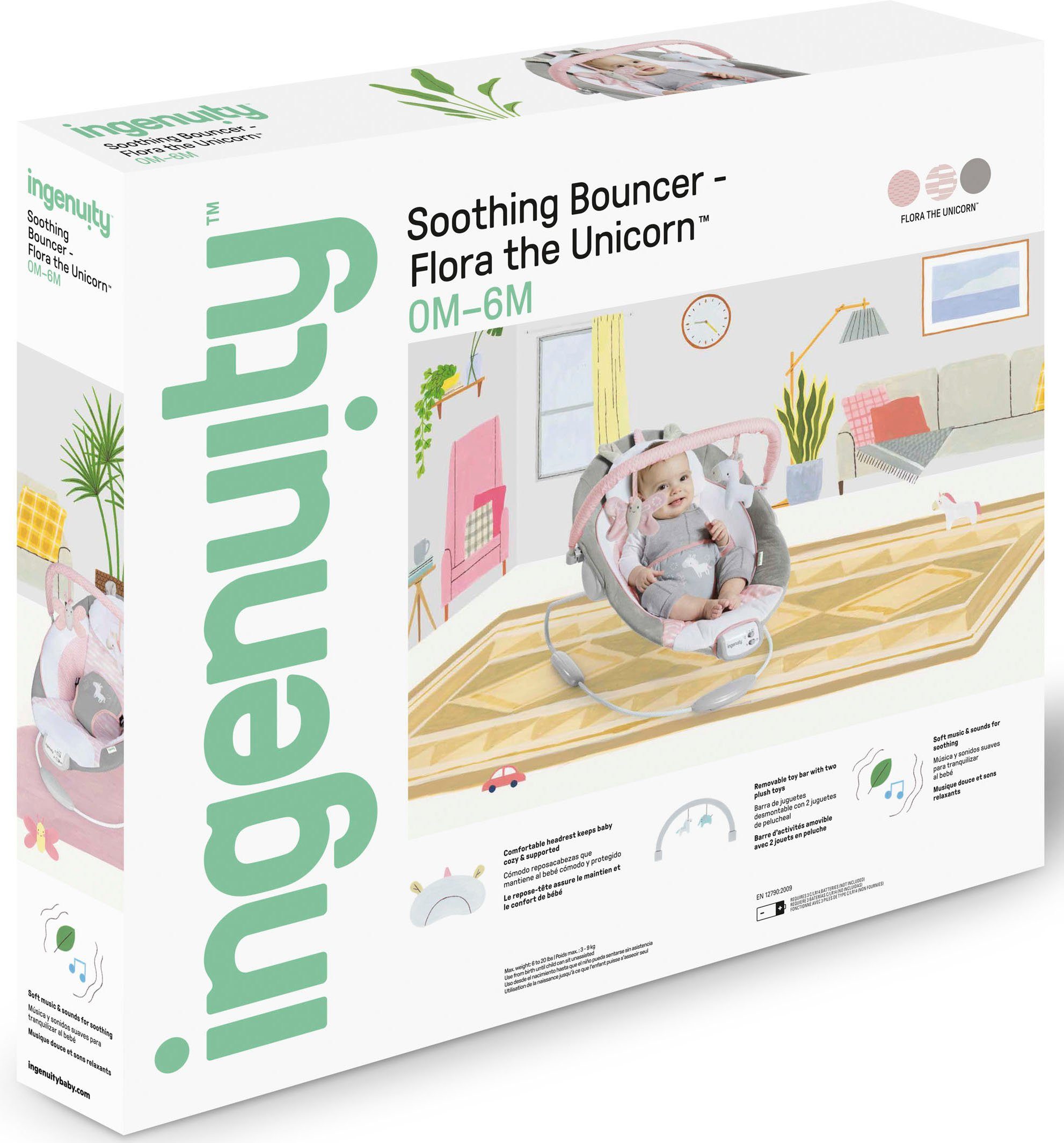 ingenuity Baby Bouncer Soothing Bouncer, Flora the Unicorn, with vibration and melodies