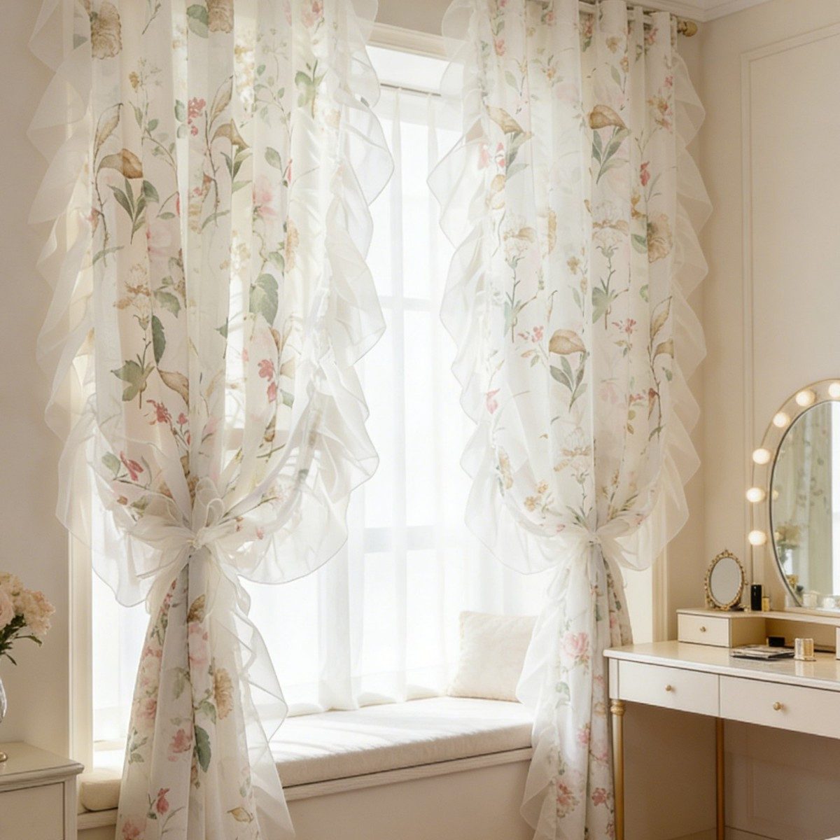 Diwzbyn Vorhang Kamelien-Blumenmuster-Vorhänge, Transparente Gardine mit Rüschenvolant, Boho-Vorhänge für Wohnzimmer und Schlafzimmer – Bild 2 von 5