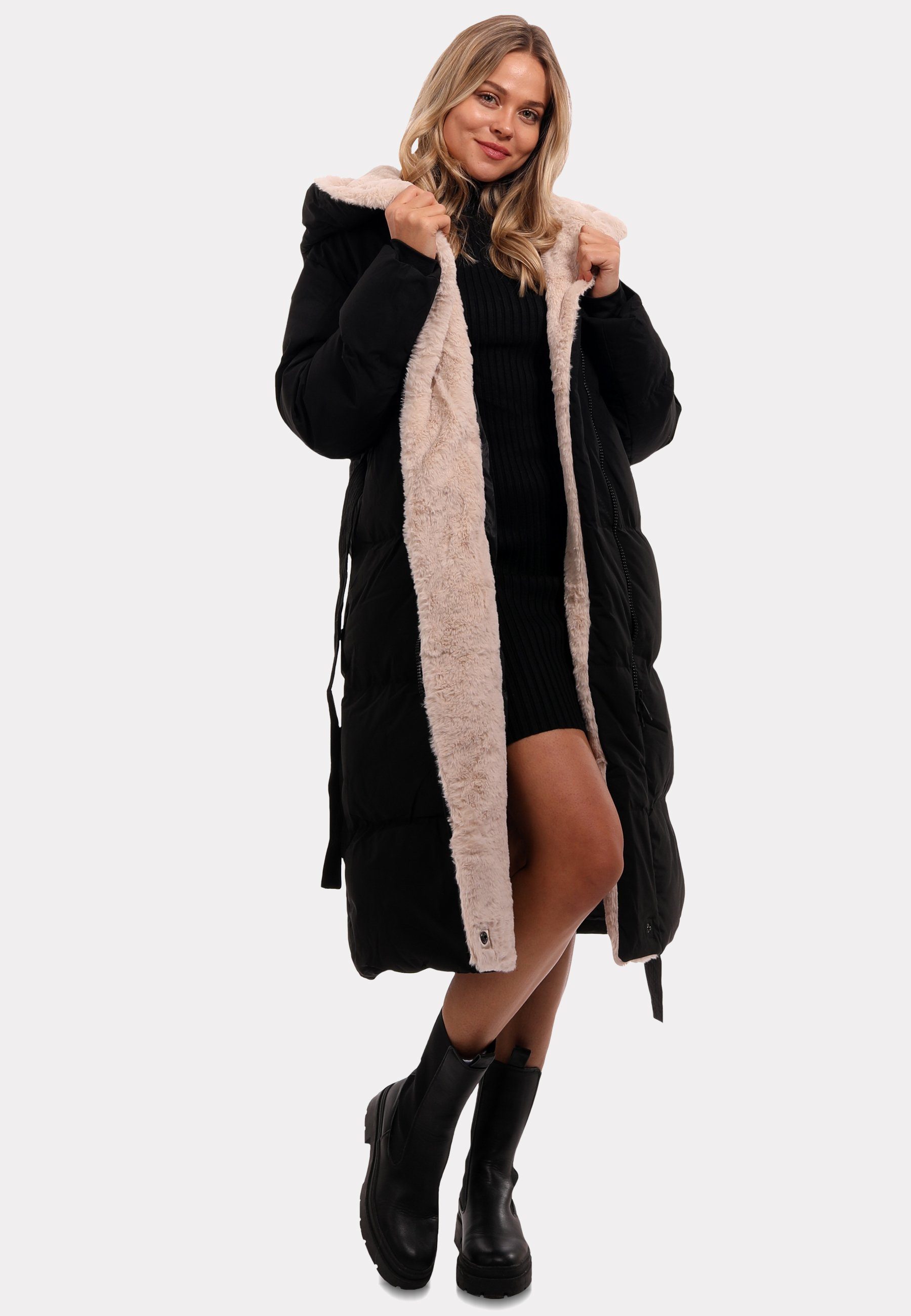 Fashion Wintermantel Kapuze Kunstpelzbesatz Style YC & Damen Basic Luxuriöser und Mantel mit