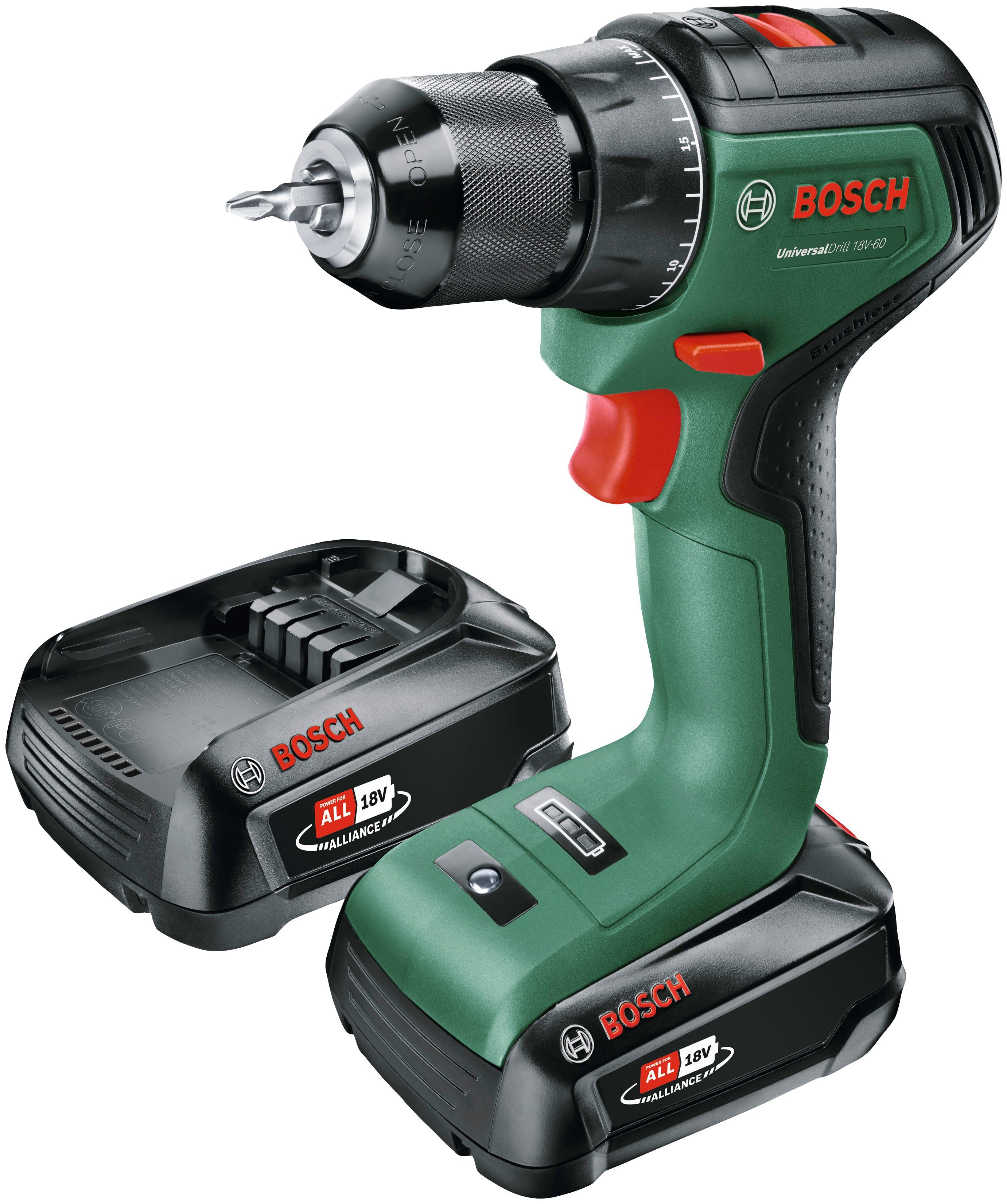 Bosch Home & Garden Akku-Bohrschrauber UniversalDrill 18V-60, Inkl. Koffer, mit 2 Akkus 18V/2Ah und Ladegerät