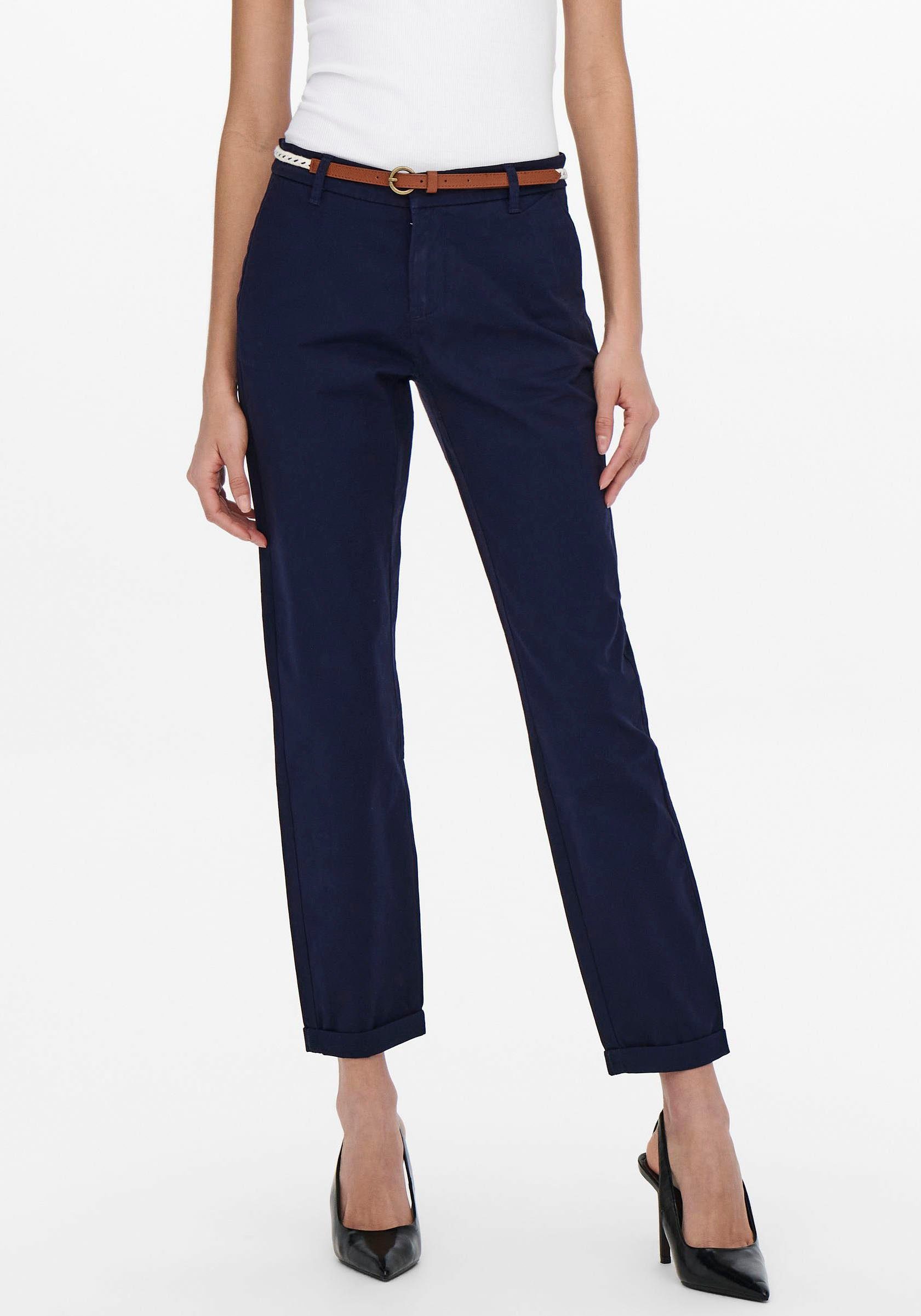 ONLY Chinohose ONLBIANA – Chinohose mit Gürtel und Umschlagsaum slim fit, modisch, Web, Baumwollmischung