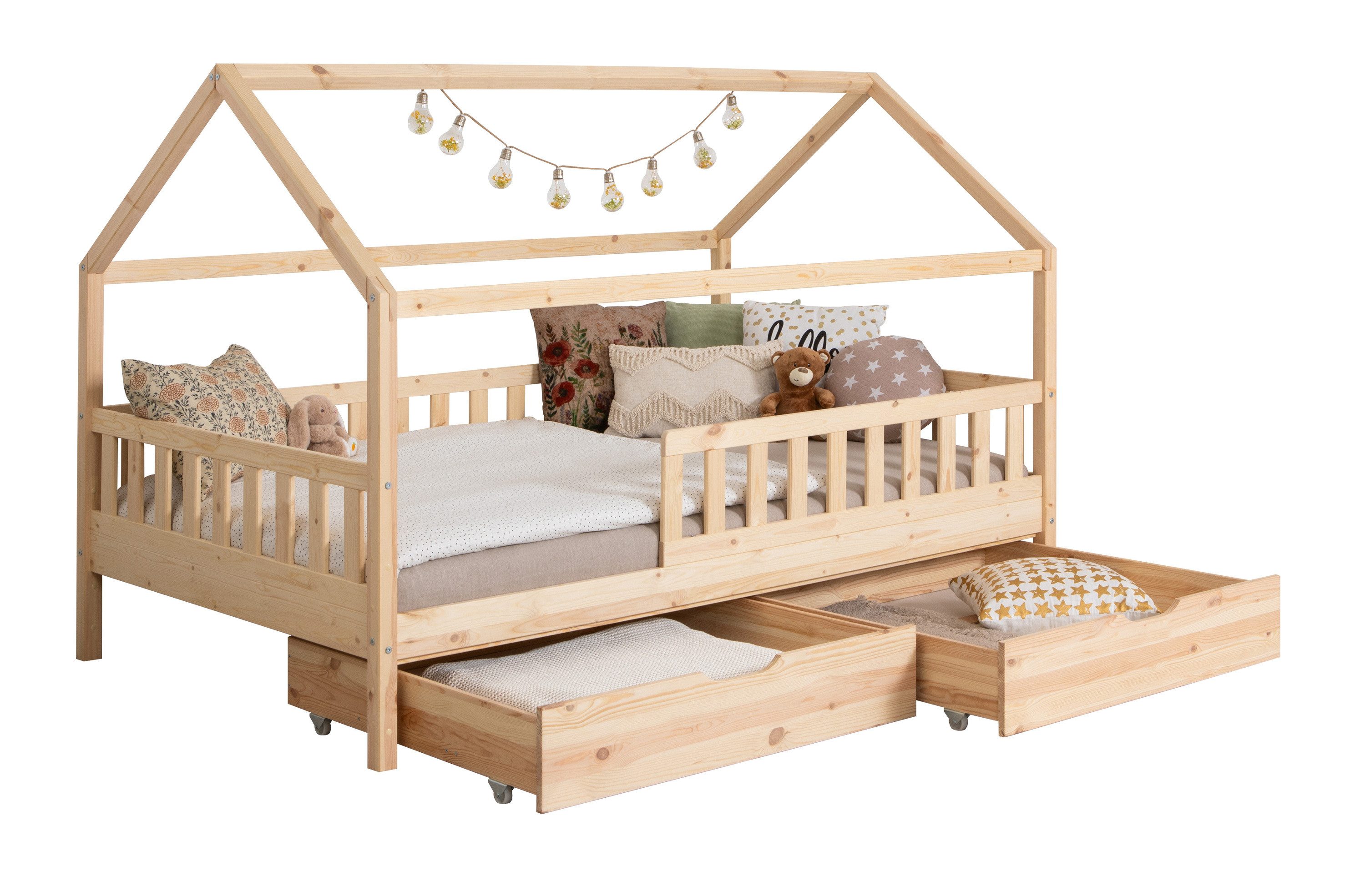 Hausbett Kay mit Rausfallschutz und Schubkasten aus Kiefer