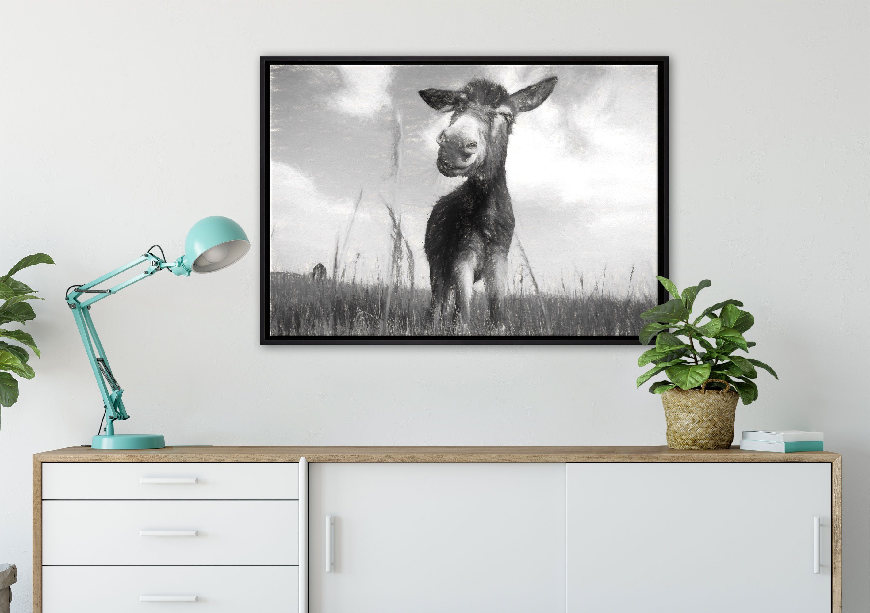 Pixxprint Leinwandbild Esel im Feld, in fertig Schattenfugen-Bilderrahmen bespannt, Wanddekoration (1 gefasst, Zackenaufhänger inkl. St), Leinwandbild einem